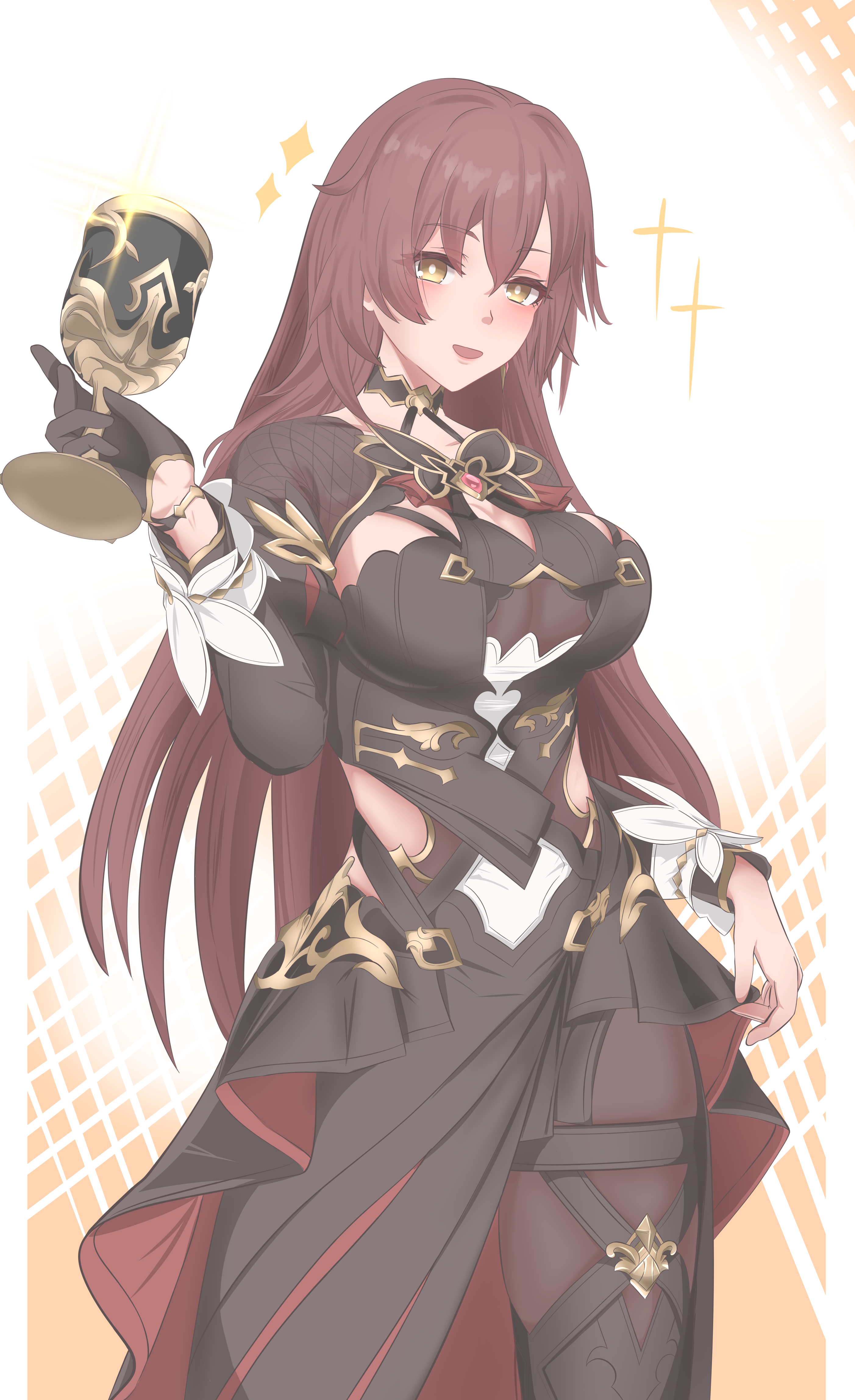 erasumo3821, eden (honkai impact), honkai (series), honkai impact 3rd, absurdres, commentary request, highres, 1girl, black dress, black pantyhose, breasts, brown hair, chalice, cleavage cutout, clothing cutout, cup, dress, holding, holding cup, large breasts, long hair, pantyhose, see-through cleavage, see-through clothes, simple background, smile, solo, very long hair, yellow eyes