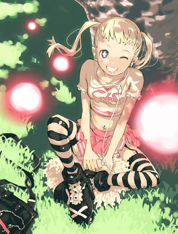 haku (artist), haku (sabosoda), original, bad id, bad pixiv id, 1girl, blonde hair, digital media player, female focus, headphones, ipod, navel, navel piercing, one eye closed, piercing, solo, thighhighs, wink