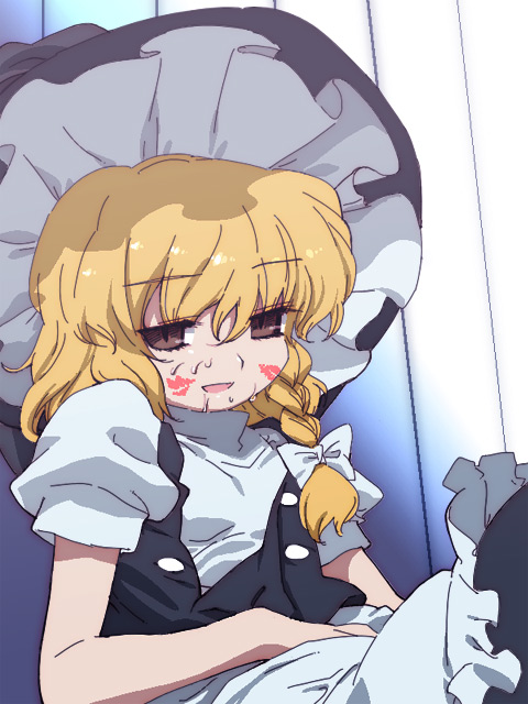 tonbi, kirisame marisa, touhou, bad id, bad pixiv id, 1girl, blonde hair, brown eyes, female focus, hat, lipstick mark, long hair, ribbon, solo, witch, witch hat