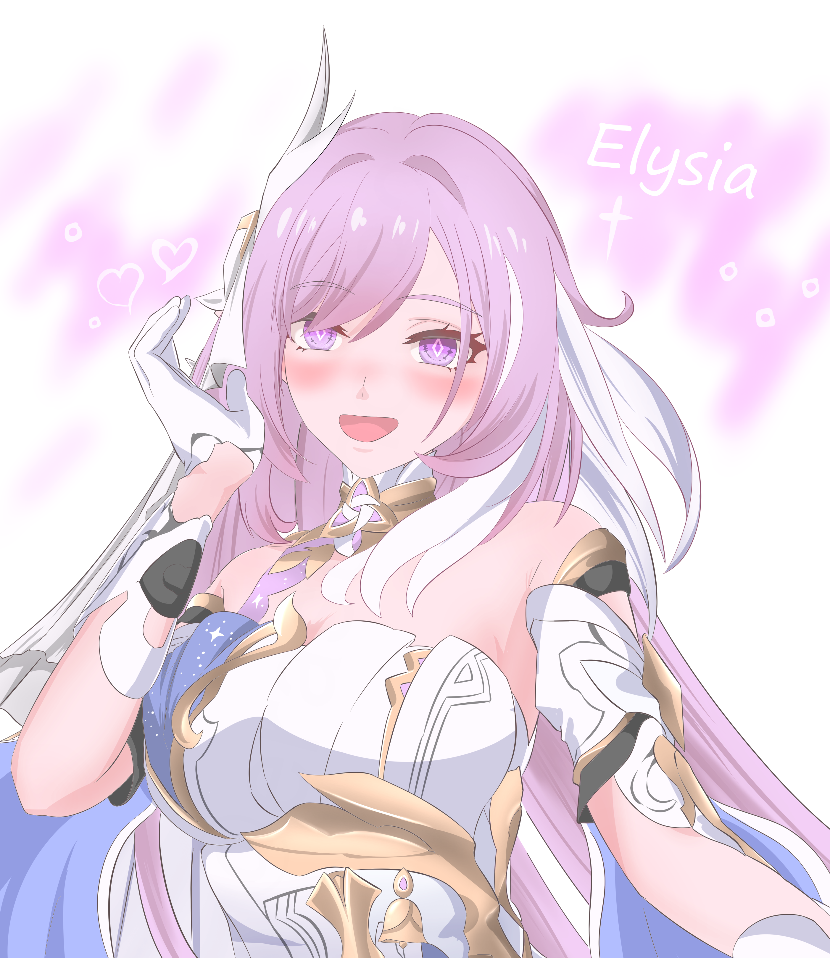 erasumo3821, elysia (herrscher of human: ego) (honkai impact), elysia (honkai impact), honkai (series), honkai impact 3rd, absurdres, commentary request, highres, 1girl, bare shoulders, breasts, bridal veil, character name, corset, diamond-shaped pupils, diamond (shape), gloves, large breasts, long hair, multicolored hair, pink hair, purple eyes, smile, solo, symbol-shaped pupils, triquetra, two-tone hair, upper body, veil, very long hair, white corset, white gloves, white hair, white veil