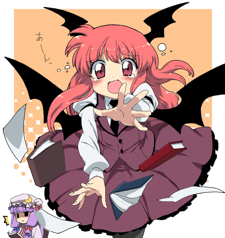 tonbi, koakuma, patchouli knowledge, embodiment of scarlet devil, touhou, bad id, bad pixiv id, 2girls, bat wings, blush, book, female focus, flying paper, hat, head wings, long hair, multiple girls, pantyhose, paper, purple hair, red eyes, red hair, tears, tripping, wings