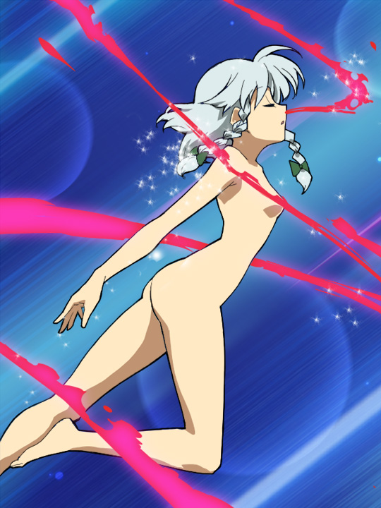 tonbi, izayoi sakuya, bishoujo senshi sailor moon, touhou, silver hair, bad id, bad pixiv id, 1girl, ass, barefoot, blood, braid, censored, closed eyes, completely nude, convenient censoring, excessive nosebleed, female focus, green ribbon, henshin, nosebleed, nude, parody, ribbon, short hair, solo, transformation, twin braids