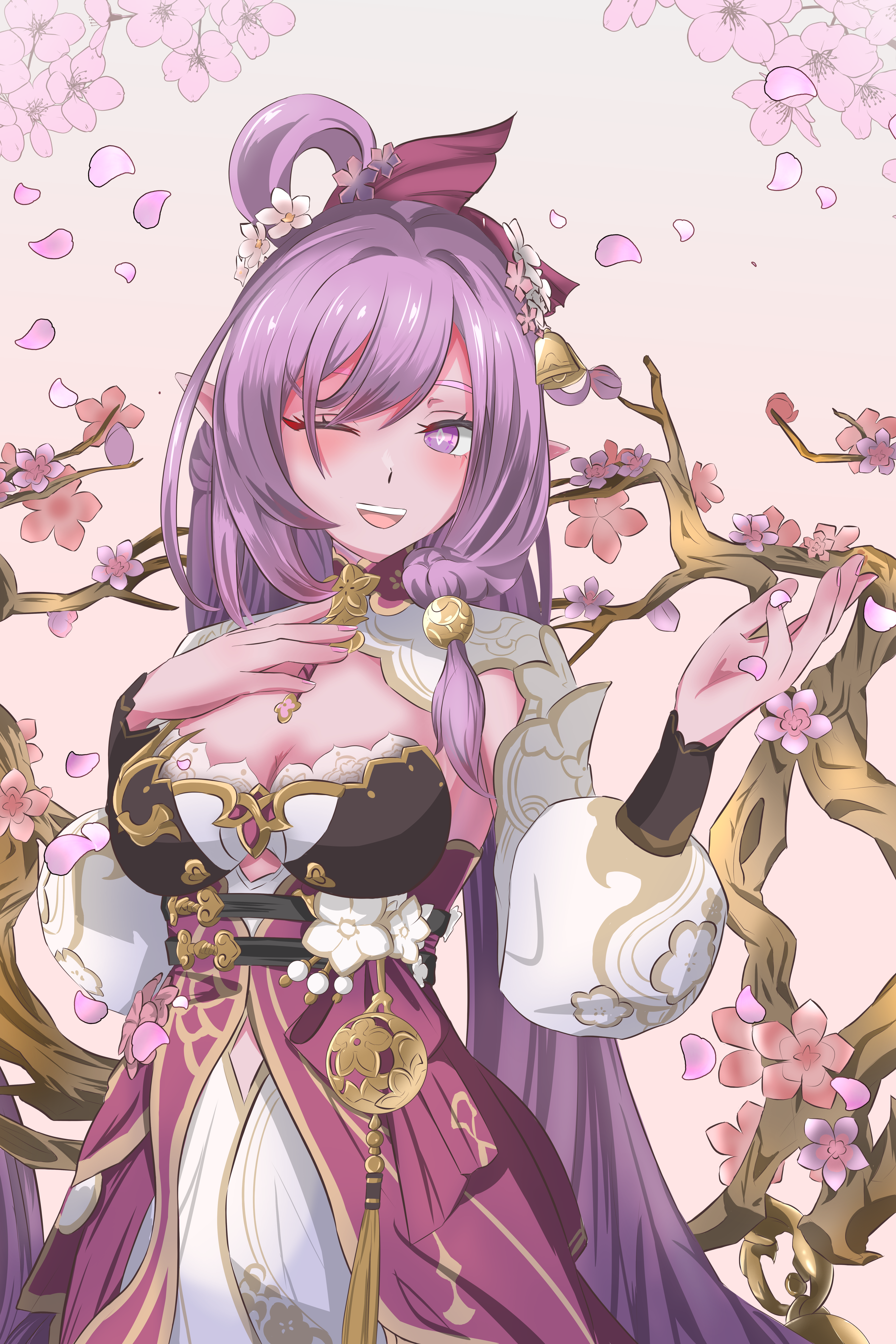 erasumo3821, elysia (herrscher of human: ego) (honkai impact), elysia (honkai impact), elysia (peachy spring) (honkai impact), honkai (series), honkai impact 3rd, absurdres, commentary request, highres, textless version, 1girl, ;o, bell, branch, breasts, cherry blossoms, cleavage, diamond-shaped pupils, diamond (shape), dress, elf, flower, hair bell, hair flower, hair ornament, large breasts, long hair, new year, official alternate costume, one eye closed, pink hair, pointy ears, purple eyes, red dress, shrug (clothing), solo, symbol-shaped pupils, teeth, upper teeth only, very long hair