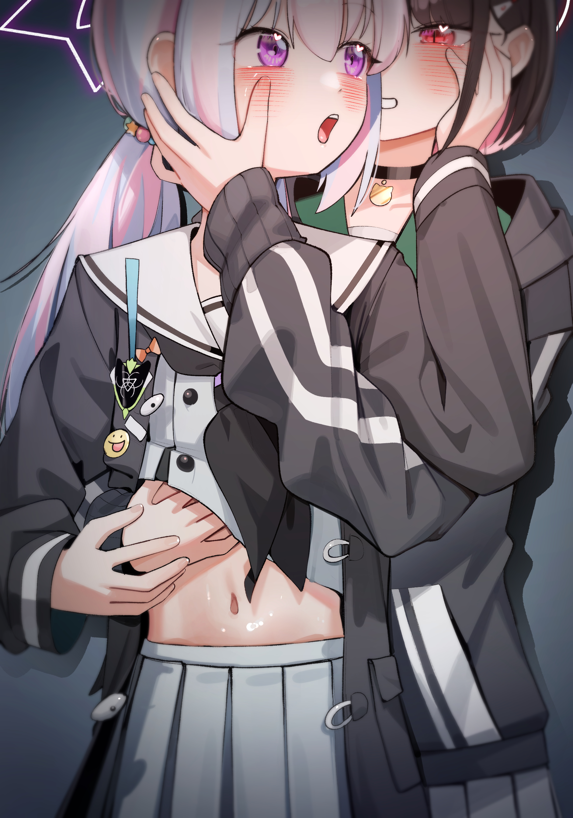 whonyang, kazusa (blue archive), reisa (blue archive), blue archive, absurdres, highres, 2girls, black choker, black hair, black jacket, blue hair, blush, choker, clothes lift, grey shirt, grey skirt, grin, halo, hand on another's cheek, hand on another's face, jacket, lifting another's clothes, long hair, long sleeves, multiple girls, navel, open mouth, pink hair, pleated skirt, purple eyes, red eyes, shirt, shirt lift, short hair, skirt, smile, star halo, yuri