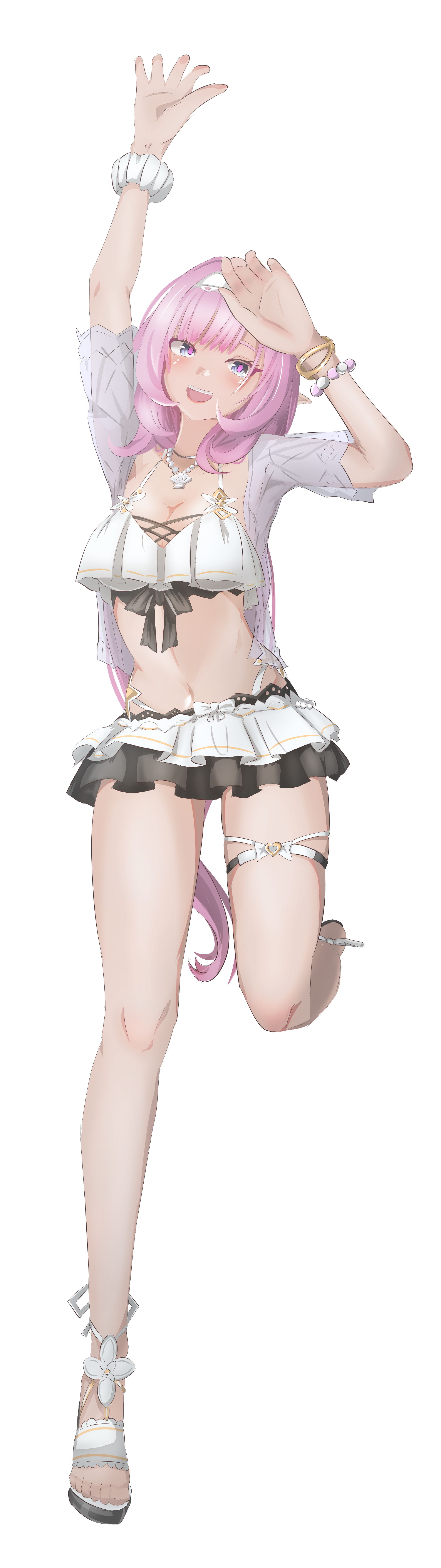 erasumo3821, elysia (honkai impact), elysia (miss pink elf) (honkai impact), elysia (summer miss elf) (honkai impact), honkai (series), honkai impact 3rd, absurdres, commentary request, highres, 1girl, bikini, bikini skirt, blue eyes, blue jacket, breasts, cleavage, hairband, jacket, large breasts, leg up, long hair, navel, official alternate costume, pink hair, sandals, scrunchie, simple background, solo, stomach, swimsuit, thigh strap, toes, very long hair, white background, white bikini, white hairband, wrist scrunchie