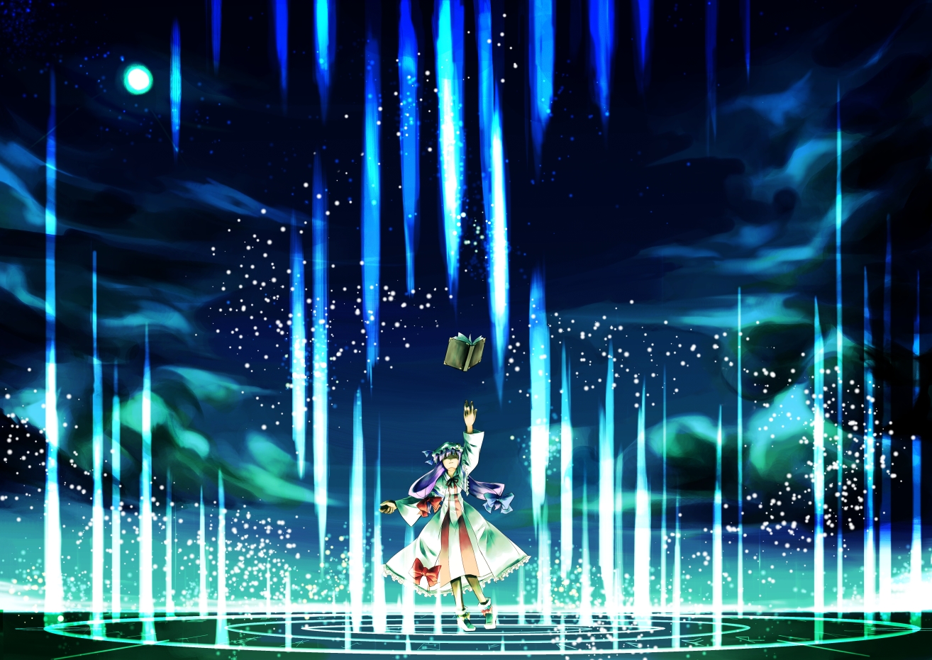 sorano eika, patchouli knowledge, touhou, 1girl, book, danmaku, female focus, floating book, glowing, hat, magic, magic circle, moon, night, purple hair, solo, spell card