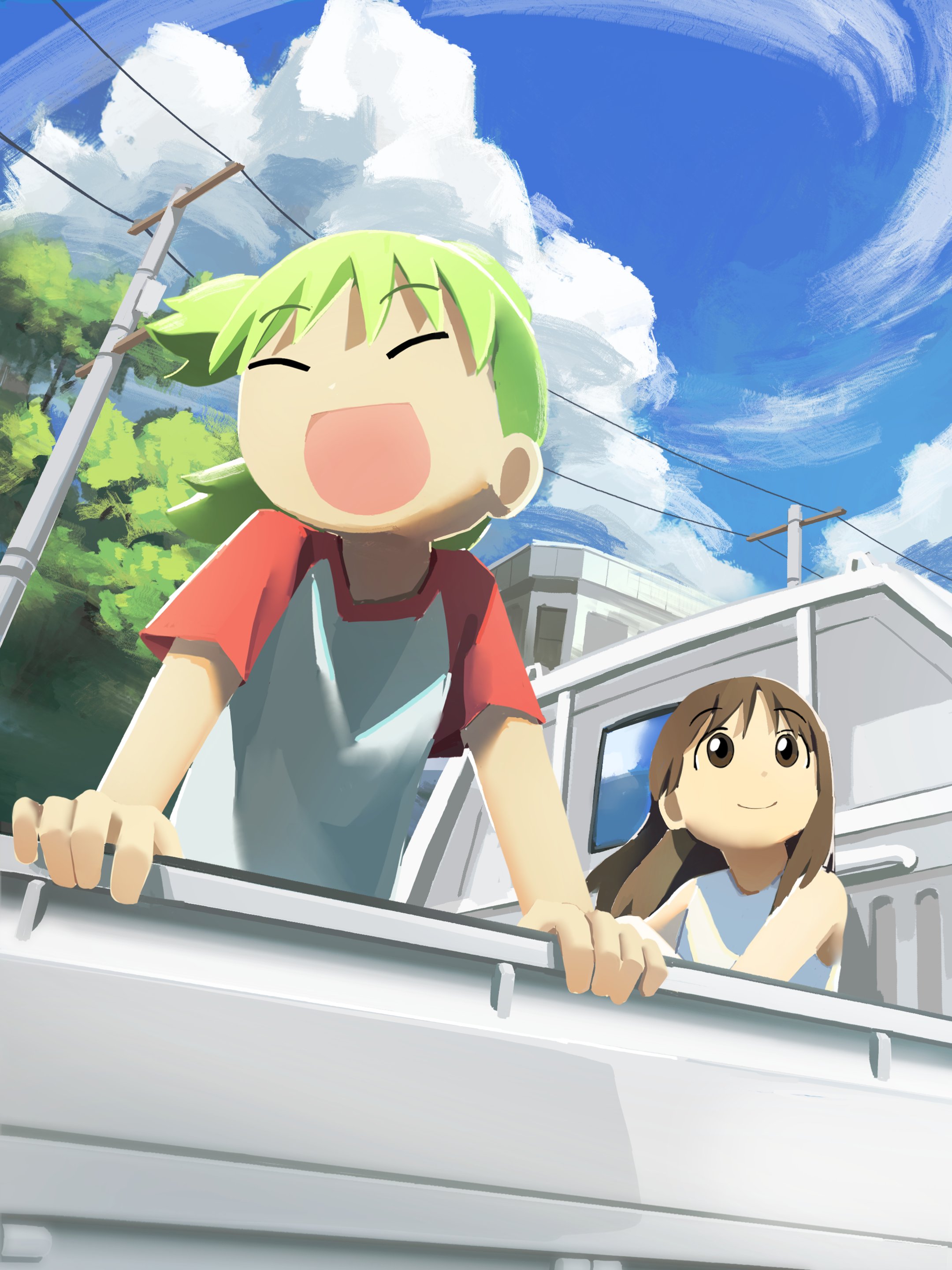 labuyoi, ayase ena, nakano yotsuba, yotsubato!, absurdres, highres, 2girls, :d, blue sky, brown eyes, brown hair, building, closed eyes, cloud, cumulonimbus cloud, day, green hair, kei truck, long hair, motor vehicle, multiple girls, open mouth, outdoors, power lines, quad tails, shirt, short sleeves, sky, sleeveless, sleeveless shirt, smile, tareme, truck