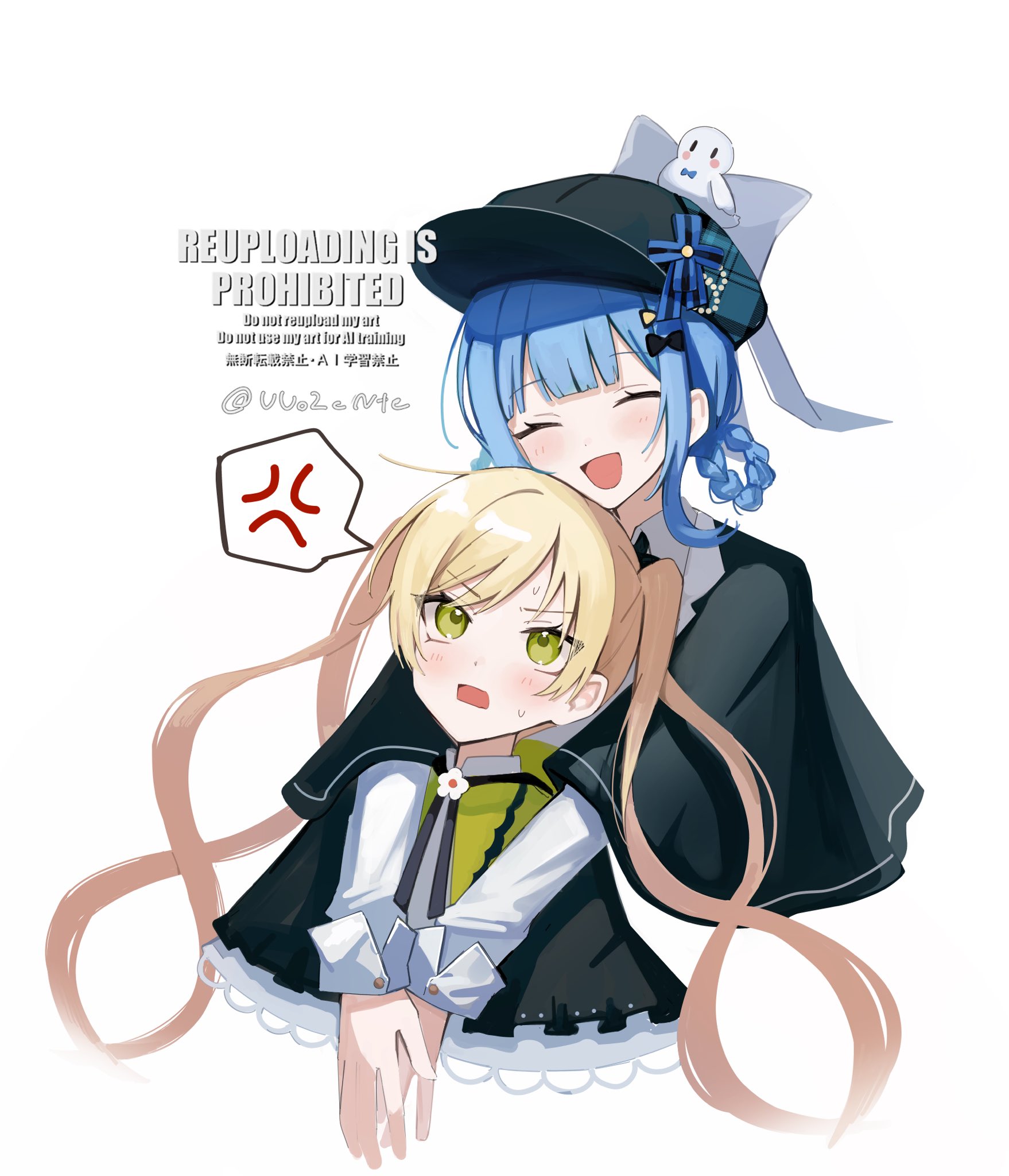 uuo2cnte, tachibana sherry, tono hanna, mahou shoujo no majo saiban, commentary request, highres, 2girls, :d, anger vein, annoyed, black capelet, black hat, blonde hair, blue hair, blush, braid, braided hair rings, capelet, closed eyes, deerstalker, green eyes, hair rings, hat, hug, hug from behind, lolita fashion, long hair, long sleeves, looking at another, magical girl, multiple girls, open mouth, own hands together, short hair, simple background, smile, spoken anger vein, twintails, upper body, white background