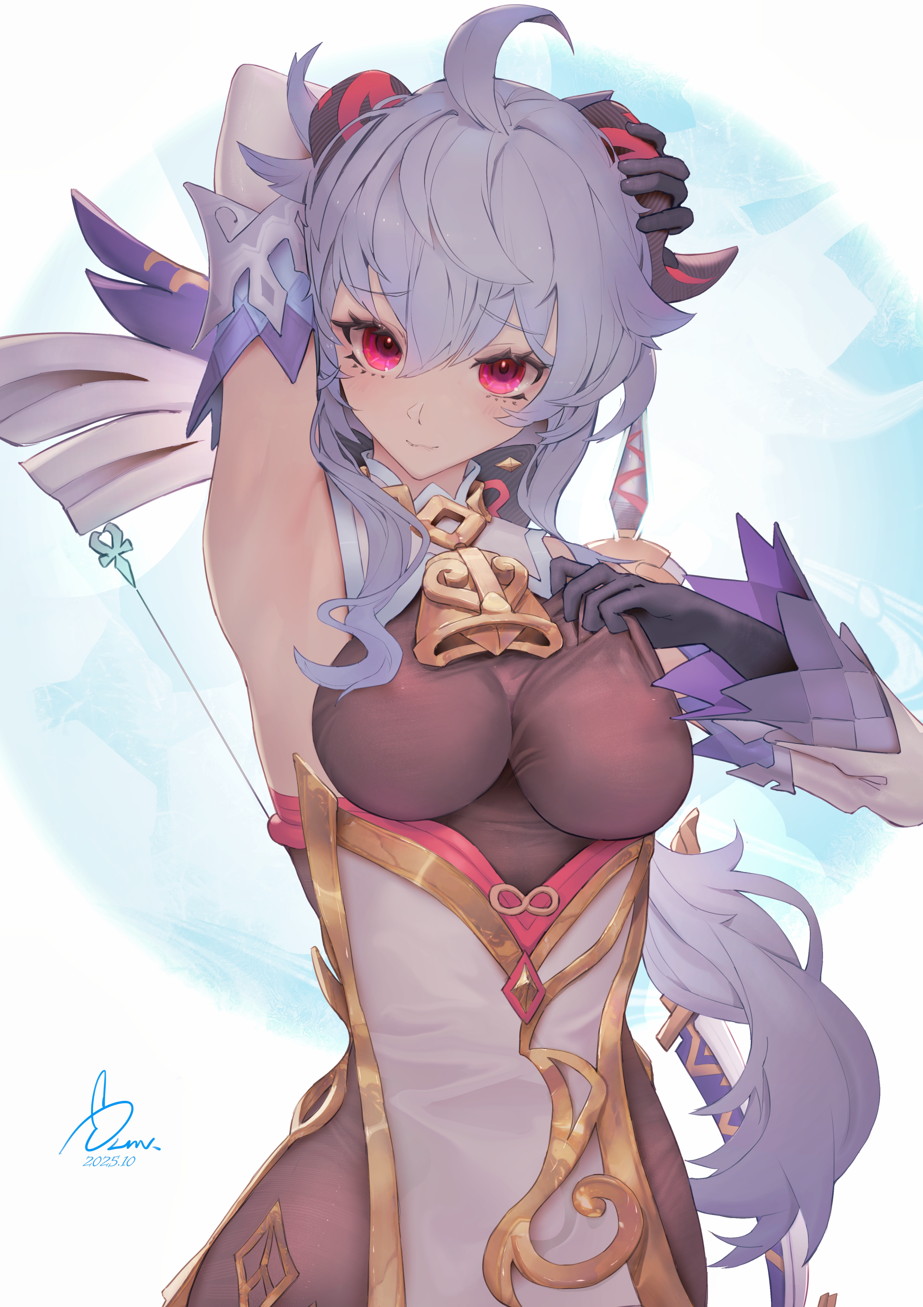 applelin, ganyu (genshin impact), genshin impact, absurdres, highres, 1girl, ahoge, amos' bow (genshin impact), arm up, armpits, bare shoulders, black gloves, blue hair, bodystocking, bow (weapon), breasts, detached sleeves, gloves, hair between eyes, high-waist skirt, horns, long hair, long sleeves, looking at viewer, medium breasts, presenting armpit, purple eyes, skirt, smile, solo, upper body, very long hair, weapon, white skirt