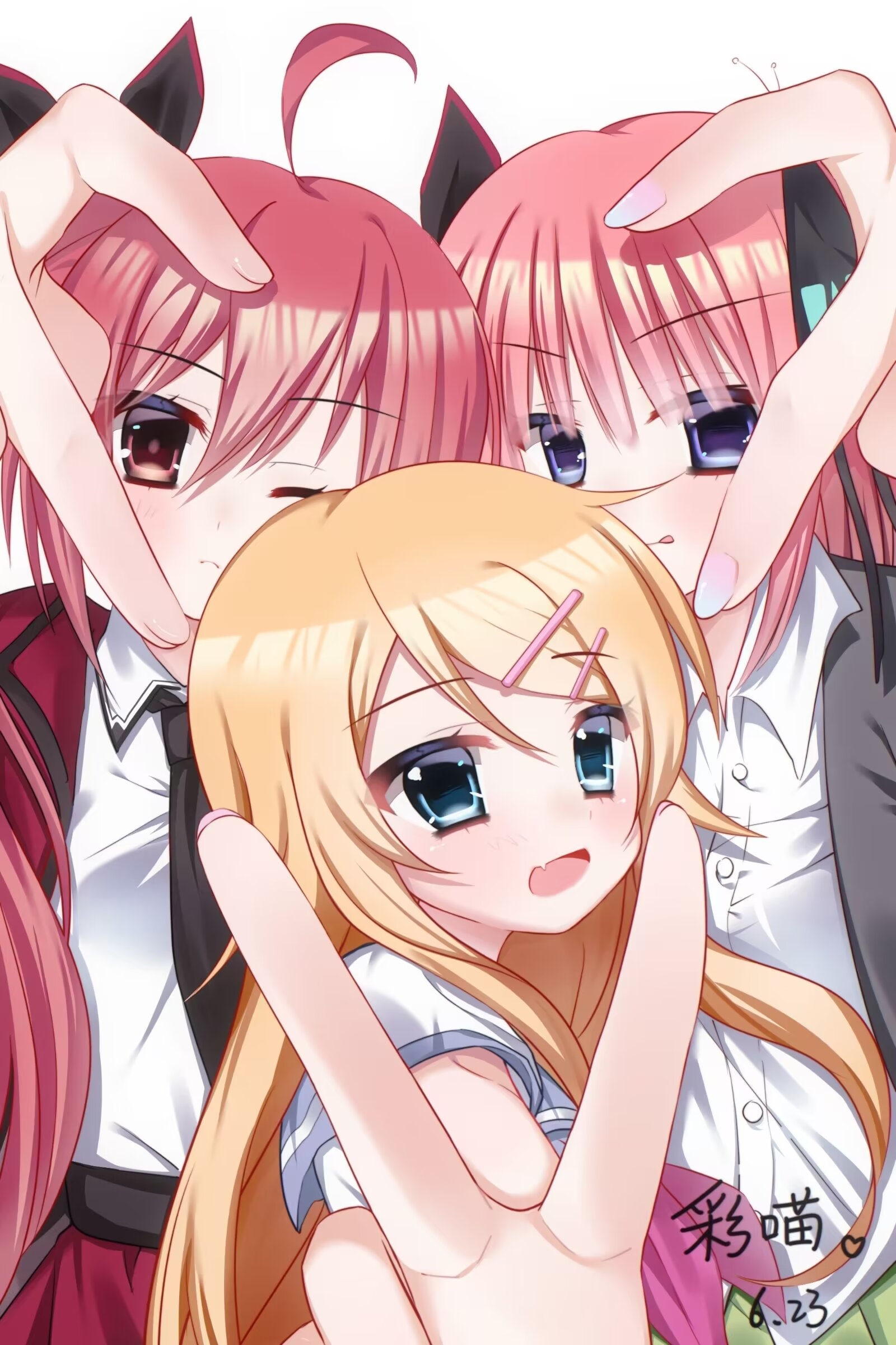 itsuka kotori, kousaka kirino, nakano nino, taketatsu ayana, date a live, go-toubun no hanayome, ore no imouto ga konna ni kawaii wake ga nai, absurdres, chinese commentary, commentary request, highres, 3girls, :d, :p, ;(, ahoge, black jacket, black necktie, black ribbon, blonde hair, blue eyes, blunt bangs, blush, closed mouth, collared shirt, cowboy shot, crossover, dress shirt, eyes visible through hair, fang, floating hair, hair between eyes, hair ornament, hair ribbon, hairclip, heart, heart hands, heart hands trio, jacket, long hair, looking at viewer, medium hair, multiple girls, nail polish, necktie, nekokawa inori, one eye closed, open clothes, open jacket, open mouth, parallel hairclips, pink nails, red eyes, red hair, red jacket, ribbon, shirt, short sleeves, sidelocks, simple background, skin fang, smile, tongue, tongue out, upper body, v, v-shaped eyebrows, very long hair, voice actor connection, white background, white shirt