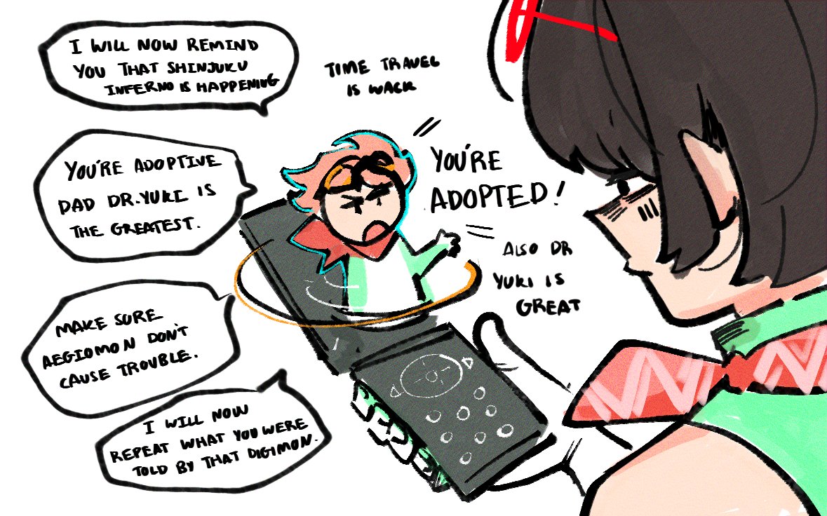 kinzaibatsu91, yuuki dan, yuuki kanan, digimon, digimon story: time stranger, 1boy, 1girl, bare shoulders, black hair, cellphone, english text, flip phone, gloves, goggles, goggles on head, holding, holding phone, hologram, phone, red scarf, scarf, simple background, speech bubble, white background, white gloves
