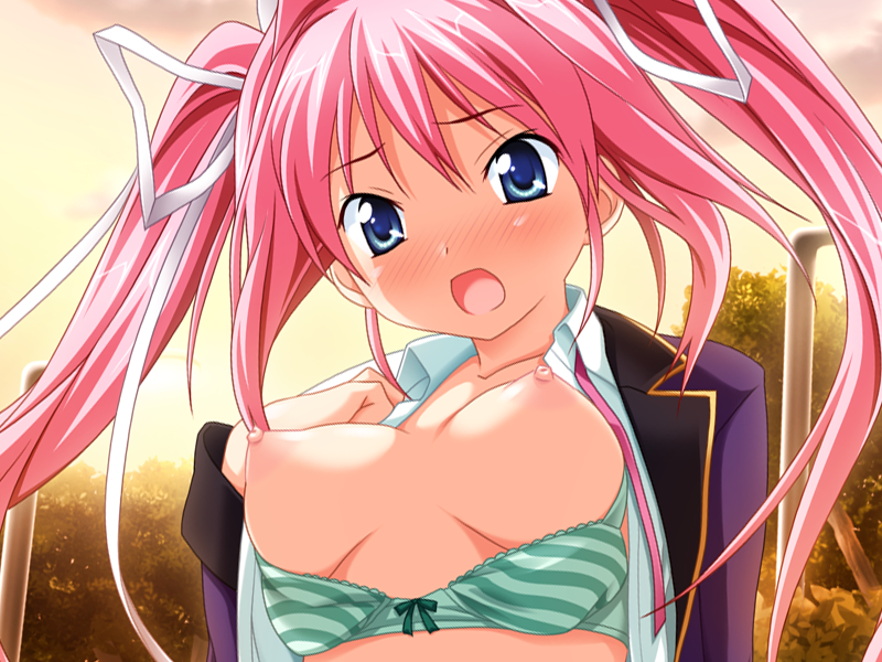 coq, kodama izayoi, stellula eques, striped, game cg, 1girl, blush, bra, breasts, breasts out, exhibitionism, female focus, large breasts, lingerie, long hair, nipples, outdoors, panties, pink hair, public indecency, puffy nipples, ribbon, skirt, solo, twintails, underwear