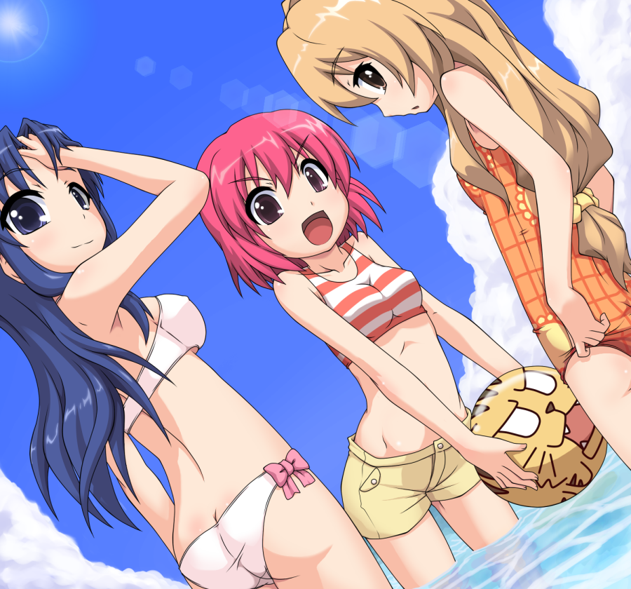 k10k, aisaka taiga, kawashima ami, kushieda minori, toradora!, 00s, 3girls, back, ball, beachball, bikini, blue hair, bow, bow bikini, breasts, brown hair, covered erect nipples, day, dutch angle, long hair, looking back, medium breasts, multiple girls, red hair, short hair, short shorts, shorts, sideboob, small breasts, swimsuit, tankini, v-shaped eyebrows, wading, water