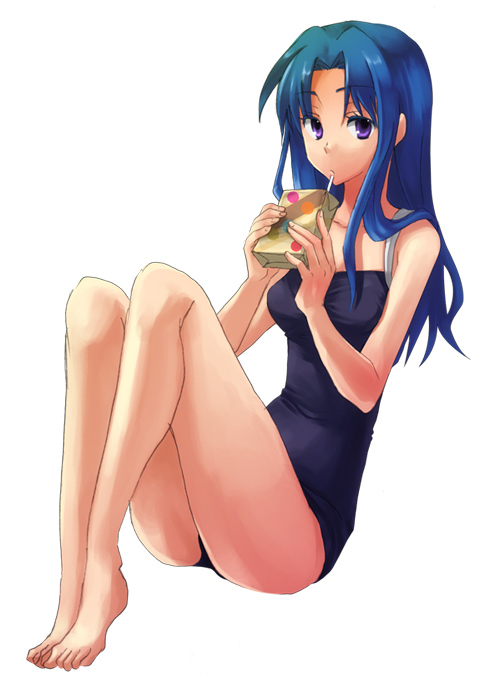 ishiwari, wari, kawashima ami, toradora!, bad id, bad pixiv id, 00s, 1girl, barefoot, blue hair, drinking, feet, female focus, juice box, long hair, purple eyes, solo