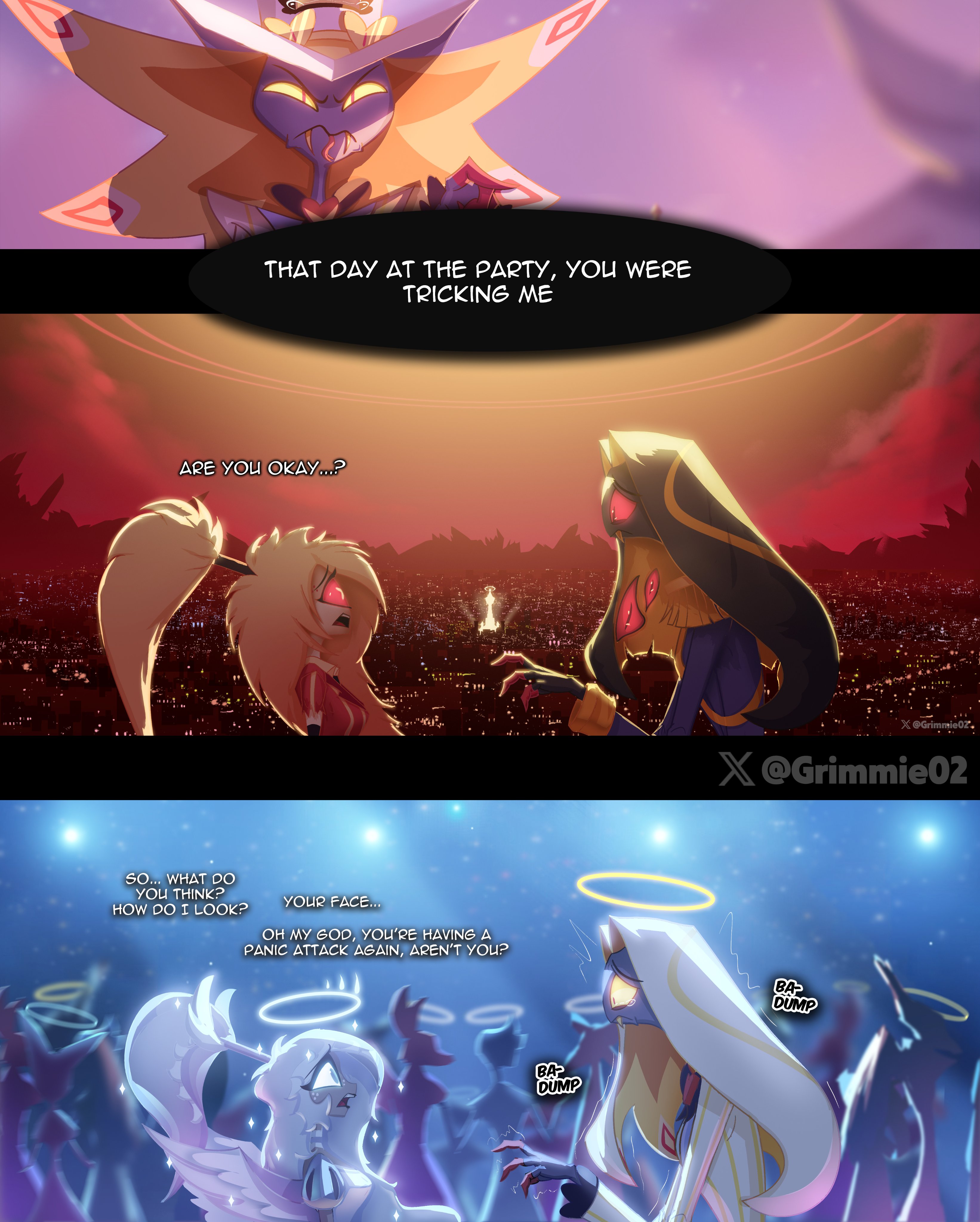 grimmie02, cherri bomb, emily (hazbin hotel), sir pentious, hazbin hotel, hellaverse, absurdres, commentary, english commentary, highres, 1boy, 2girls, black hair, black skin, blonde hair, blue jacket, cityscape, colored sclera, colored skin, dark-skinned female, dark skin, english text, extra eyes, from side, halo, hat, jacket, lamia, long hair, long sleeves, monster girl, multiple girls, people, ponytail, profile, red eyes, red shirt, shirt, speech bubble, top hat, white hair, white hat, white jacket, yellow sclera