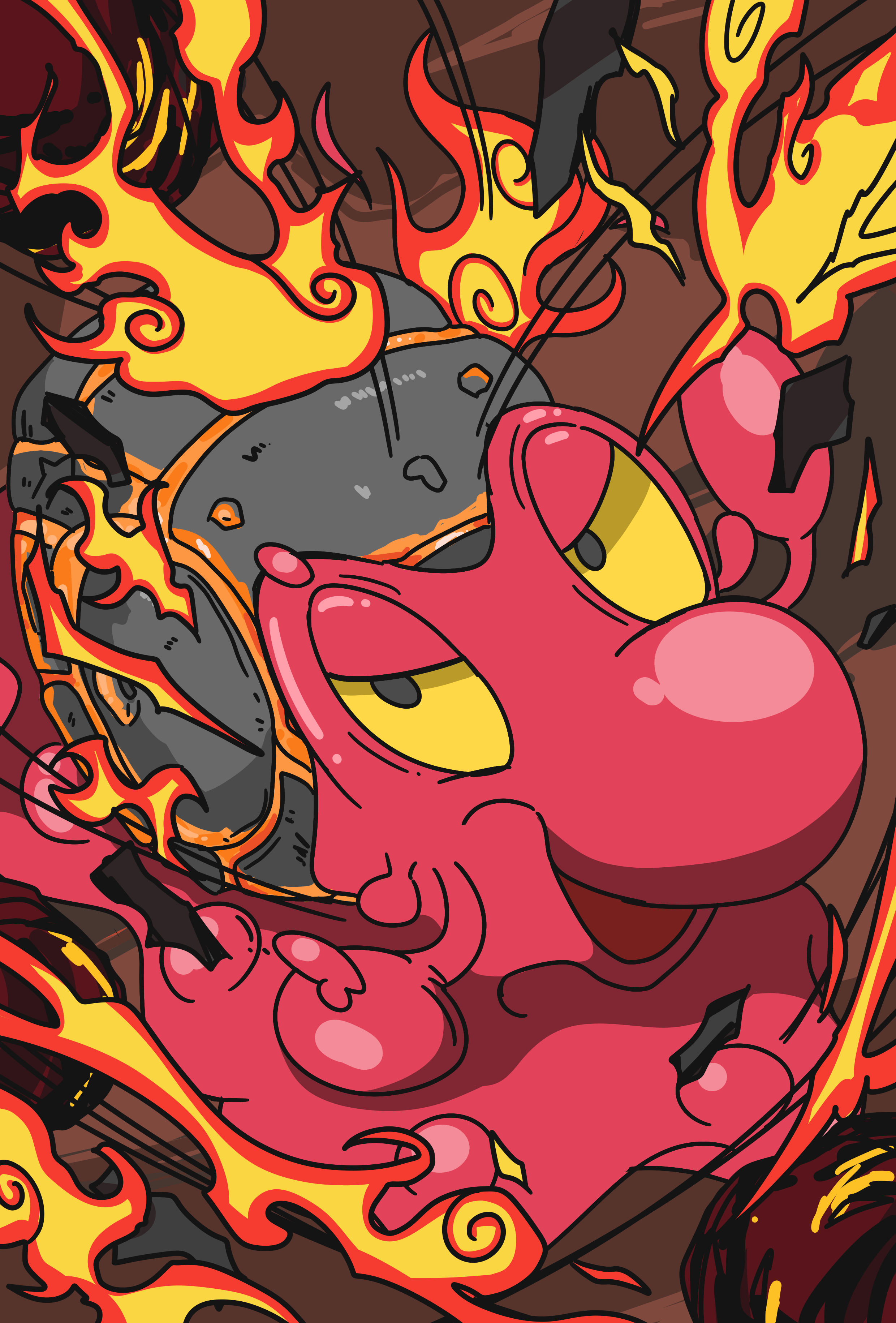 magcargo, nintendo, pokemon, absurdres, highres, fire, gen 2 pokemon, looking at viewer, michikusa mawari, open mouth, pokemon (creature), solo, yellow eyes