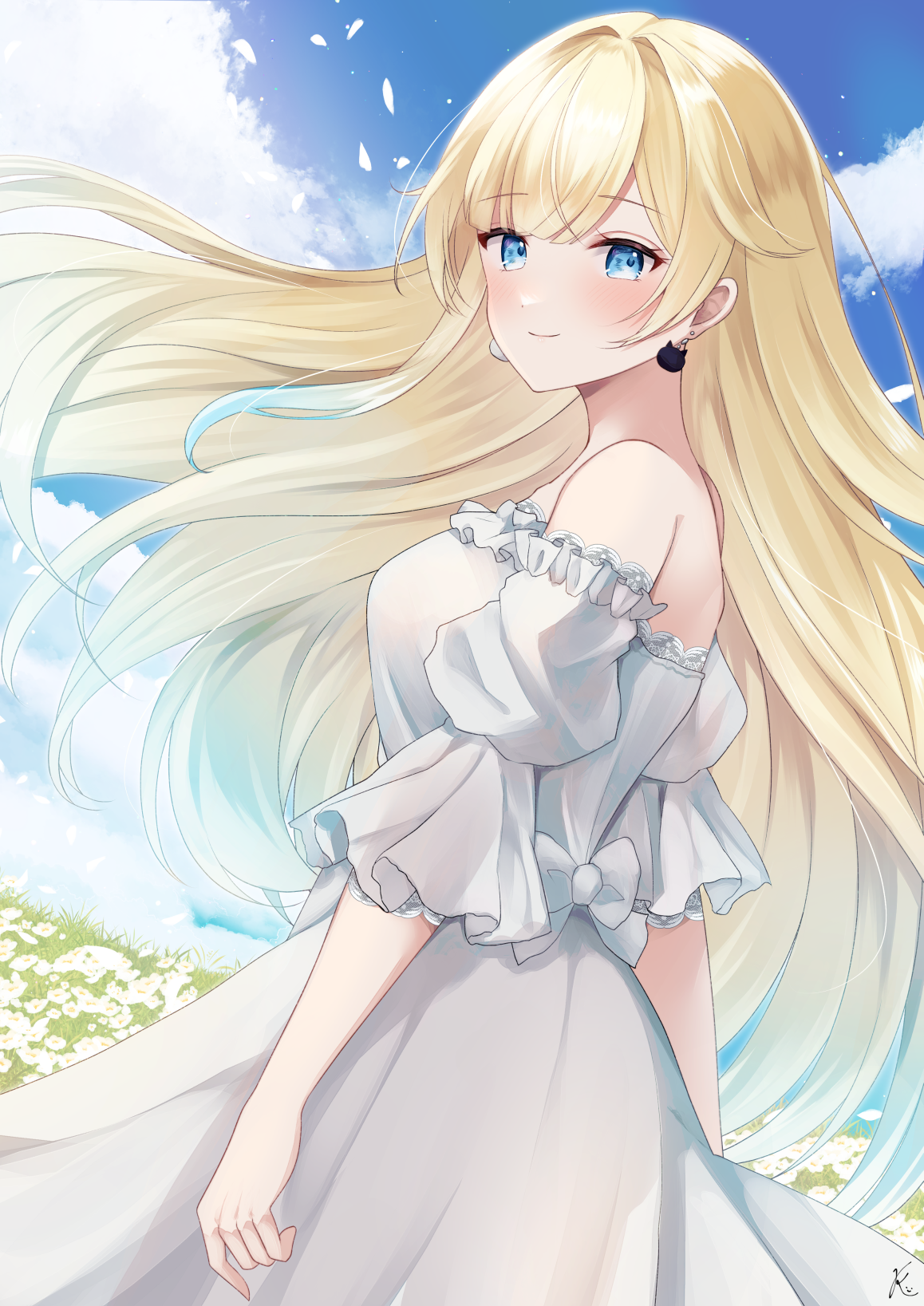 kurage cc, aizawa ema, vspo!, commentary request, highres, 1girl, back bow, blonde hair, blue eyes, blue hair, blush, bow, breasts, cat earrings, closed mouth, cloud, dress, dutch angle, earrings, field, flower, flower field, frilled dress, frilled sleeves, frills, from side, gradient hair, jewelry, lace, lace-trimmed dress, lace trim, long hair, looking at viewer, medium breasts, multicolored hair, off-shoulder dress, off shoulder, outdoors, puffy sleeves, signature, sky, solo, standing, virtual youtuber, white dress, white flower