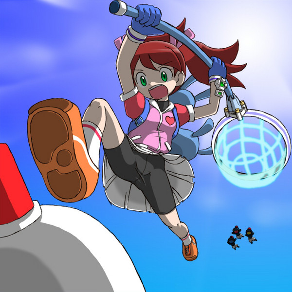 nollety, sayaka (saru getchu), saru getchu, image sample, md5 mismatch, pixiv sample, resized, resolution mismatch, source larger, 1girl, backpack, bag, bike shorts, butterfly net, day, female focus, flying, from below, gloves, green eyes, hair ribbon, hand net, heart, jacket, jumping, monkey, open mouth, randoseru, red hair, ribbon, shoes, short twintails, shorts, shorts under skirt, skirt, sky, sneakers, socks, solo, spread legs, sun, turtleneck, twintails