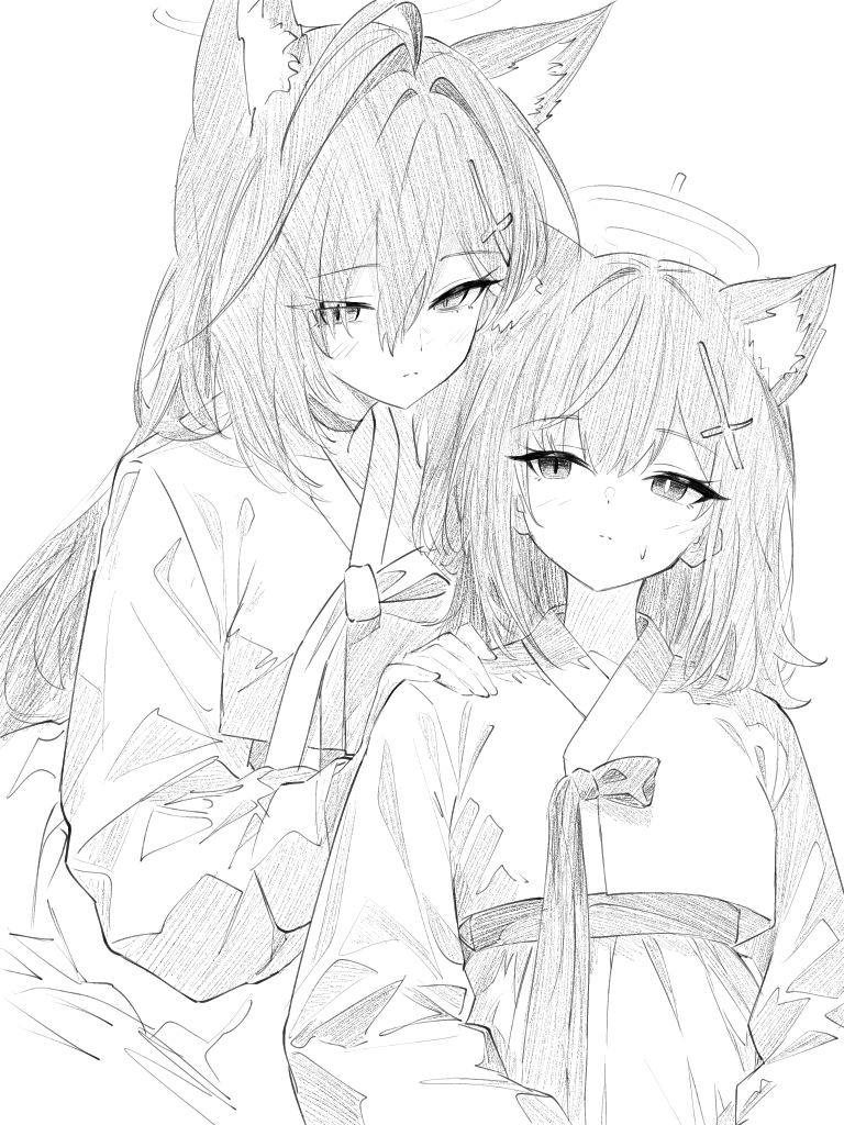 shiroko (blue archive), shiroko terror (blue archive), blue archive, 2girls, animal ear fluff, animal ears, choker, closed mouth, cross hair ornament, hair between eyes, hair ornament, halo, hanbok, hand on another's shoulder, koko (user hktv5235), korean clothes, long hair, long sleeves, looking at viewer, mismatched pupils, multiple girls, simple background, white background, wolf ears