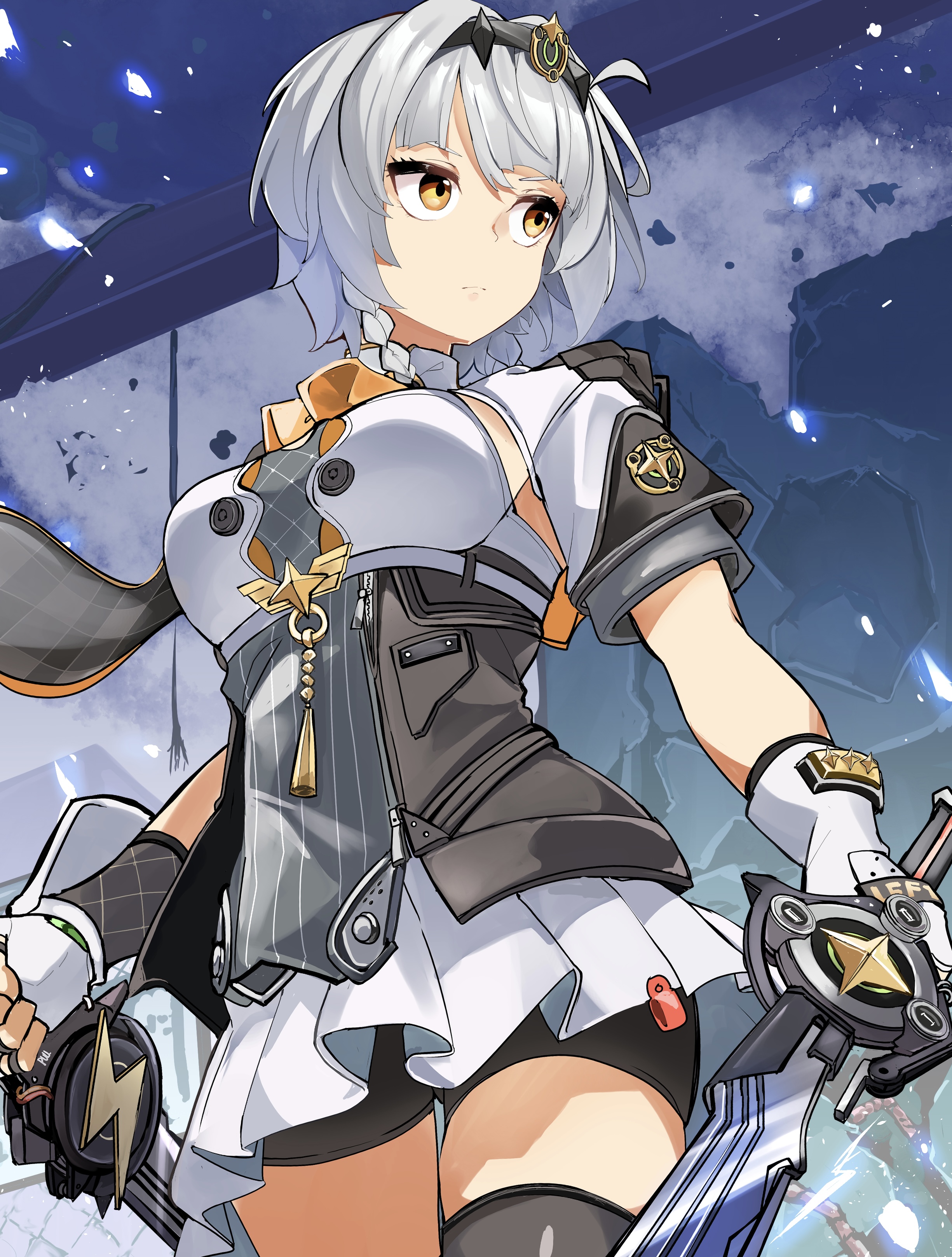 shi (kamokamo910), anby demara, anby demara (silver soldier), zenless zone zero, absurdres, commentary request, highres, 1girl, bike shorts, black shorts, black thighhighs, braid, breasts, brown eyes, closed mouth, dress, dual wielding, fingerless gloves, gloves, grey hair, headpiece, holding, holding sword, holding weapon, lightning bolt symbol, looking to the side, medium breasts, pleated dress, short sleeves, shorts, shorts under dress, skindentation, solo, sword, thighhighs, weapon, white dress, white gloves