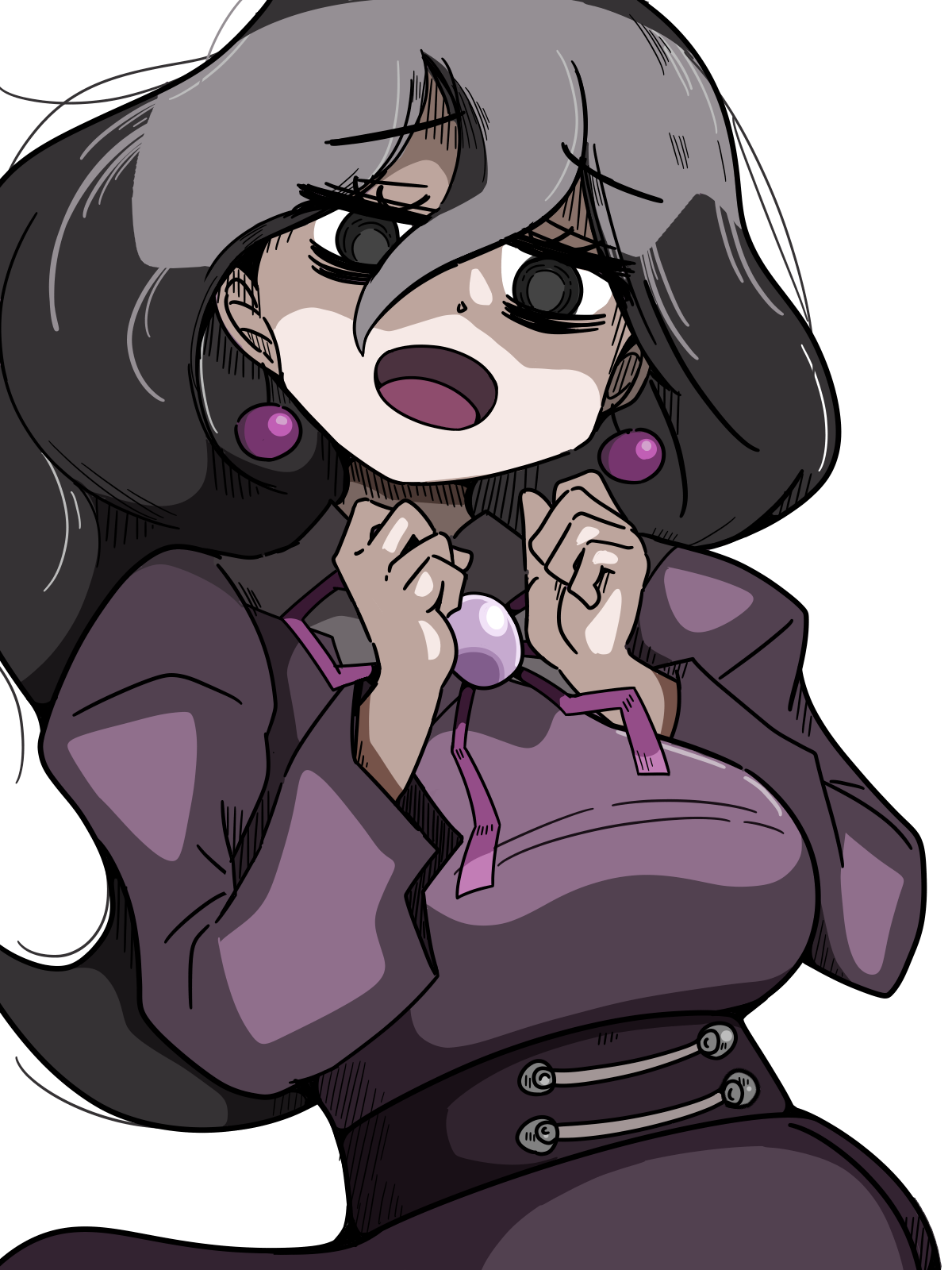 nintendo, pokemon, pokemon sv, character request, highres, 1girl, black dress, black eyes, breasts, dress, earrings, grey hair, hair between eyes, hands up, jewelry, long hair, long sleeves, medium breasts, michikusa mawari, open mouth, simple background, solo, standing, white background