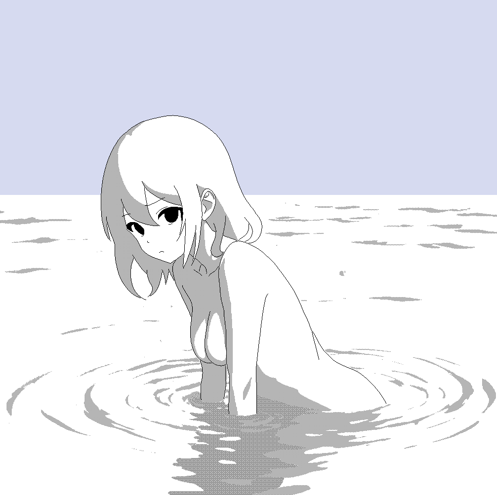 soulfull sequoia, original, 1girl, blue background, breasts, dot nose, expressionless, kneeling, looking at viewer, medium breasts, monochrome, nude, pixel art, short hair, sidelocks, simple background, solo, water