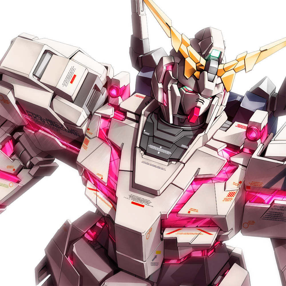 zb (dawn-blue), unicorn gundam, gundam, gundam unicorn, armor, glowing, glowing eyes, green eyes, looking at viewer, mecha, no humans, nt-d, robot, simple background, upper body, white background