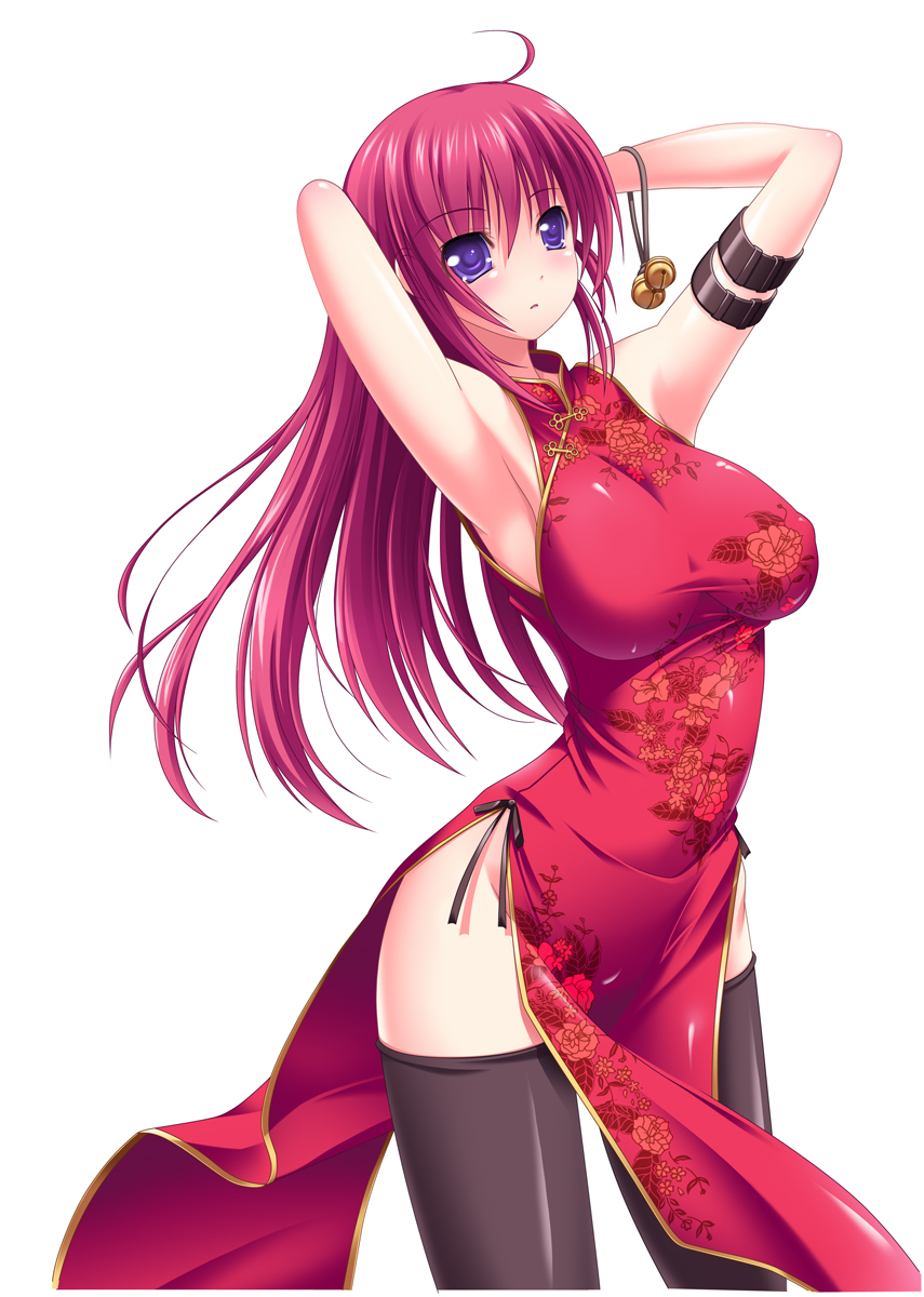 toujou akira, original, bad id, bad pixiv id, highres, 1girl, armpits, arms up, china dress, chinese clothes, dress, female focus, long hair, purple eyes, red hair, solo, thighhighs
