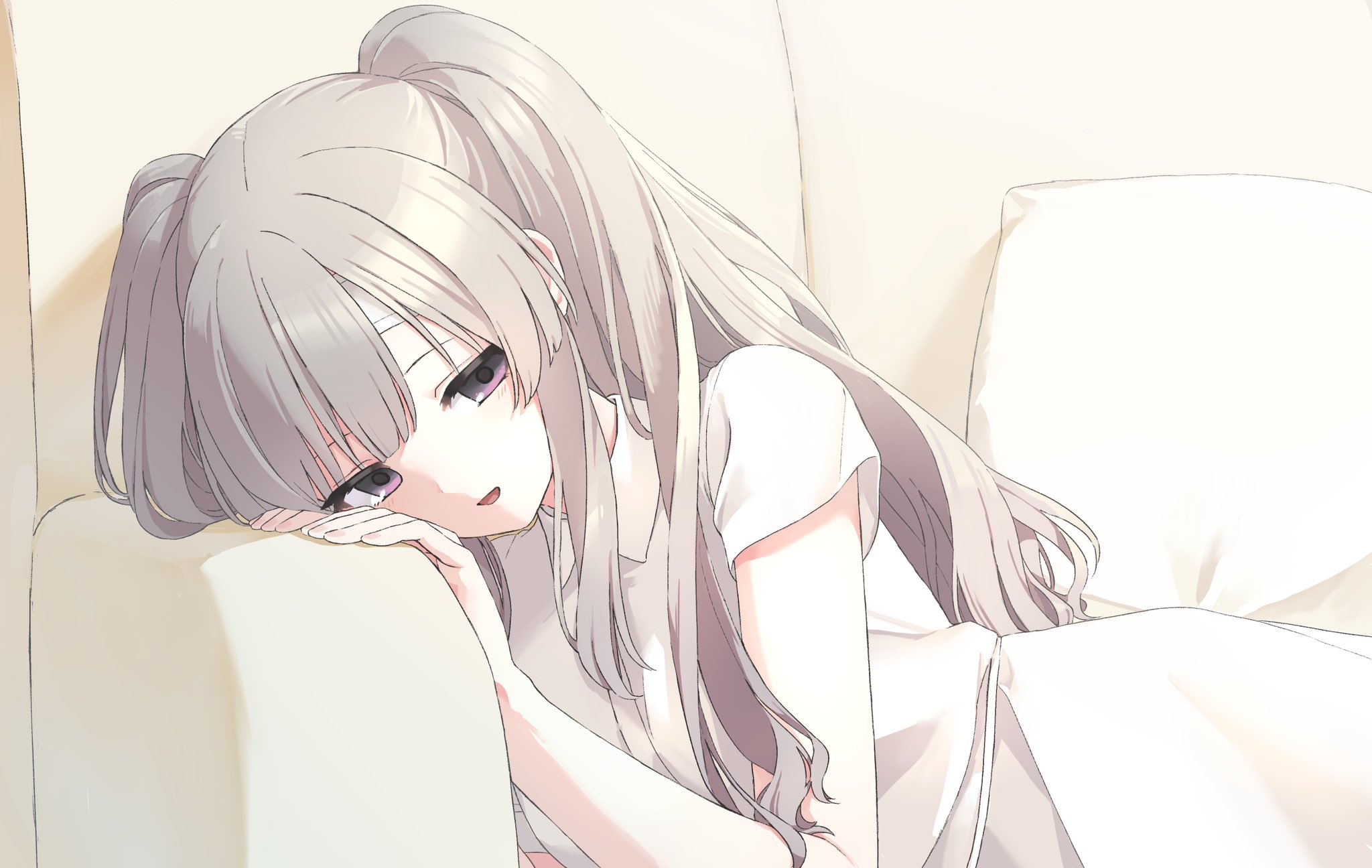 pure 556, yukoku kiriko, idolmaster, idolmaster shiny colors, highres, 1girl, blunt bangs, couch, dress, gauze on forehead, grey hair, long hair, looking at viewer, on couch, open mouth, parted bangs, pillow, purple eyes, short sleeves, smile, solo, two side up, white dress