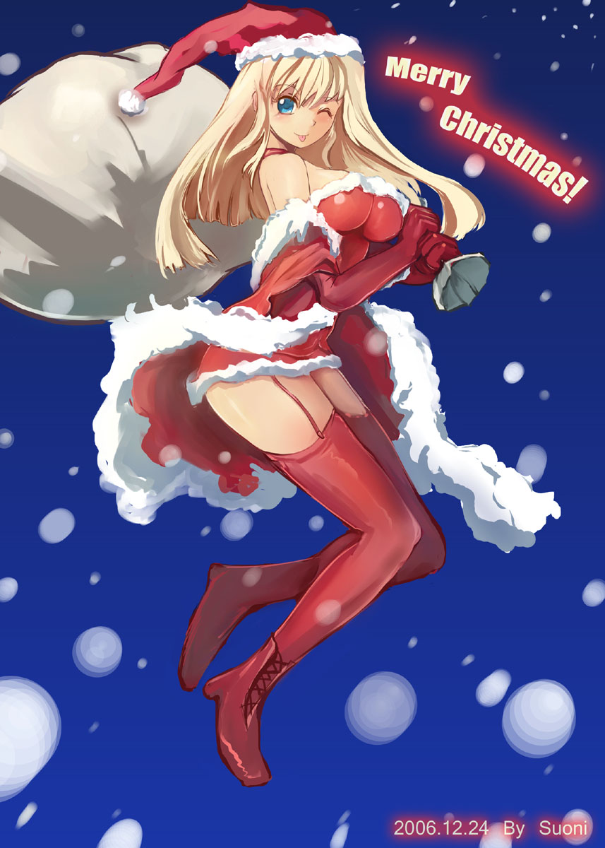 suoni (deeperocean), original, highres, 1girl, :p, blonde hair, christmas, dress, female focus, hat, one eye closed, sack, santa costume, santa hat, solo, strapless, strapless dress, thighhighs, tongue, tongue out, wink, zettai ryouiki
