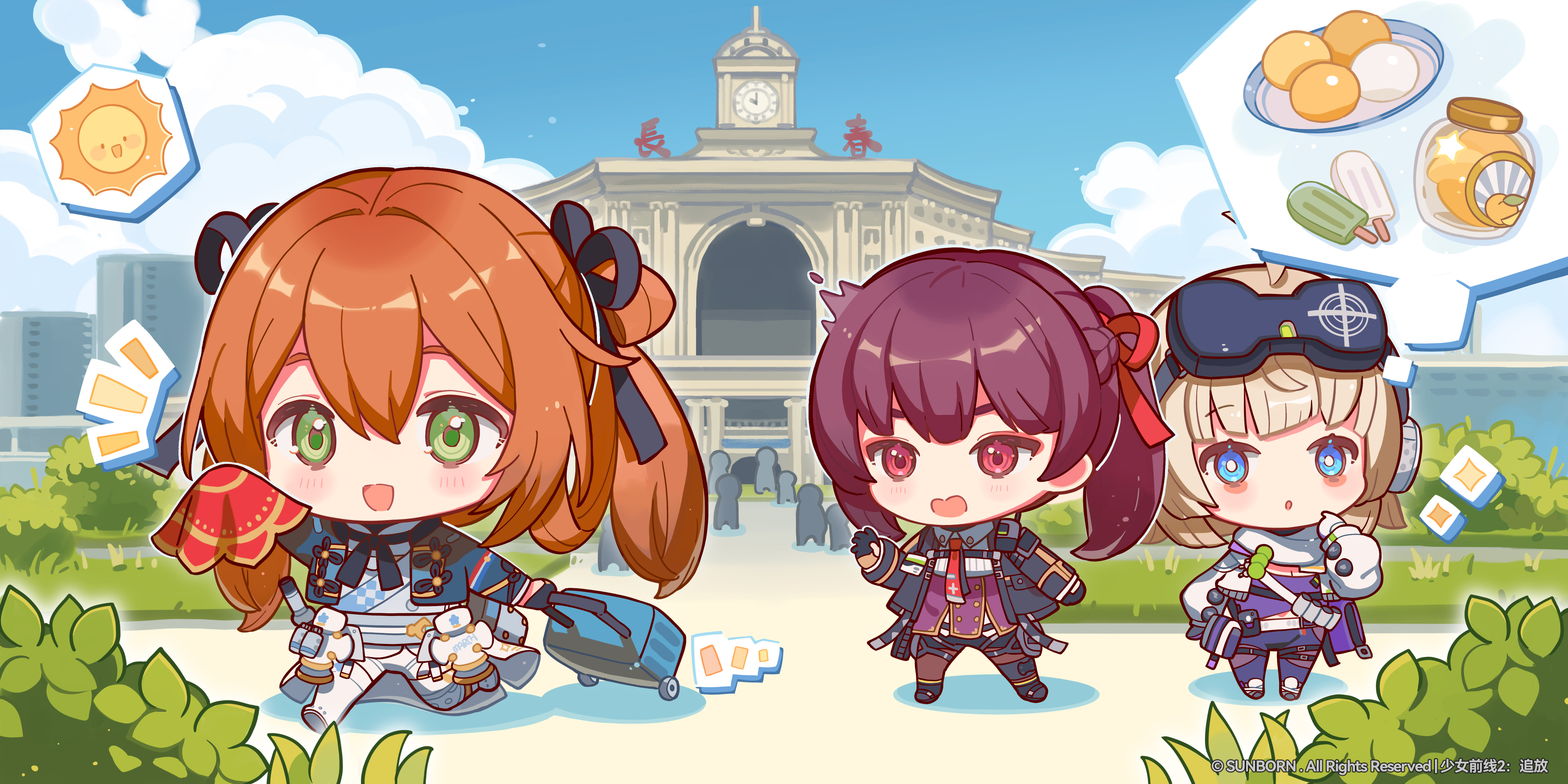 aa-12 (girls' frontline), makiatto (girls' frontline 2), springfield (girls' frontline), wa2000 (girls' frontline), girls' frontline, girls' frontline 2: exilium, absurdres, bad link, highres, official art, 3girls, black gloves, changchun, food, fruit, gloves, long hair, multiple girls, open mouth, peach, popsicle, purple hair, red eyes, smile, standing, train station