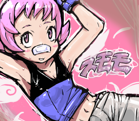 maylene (pokemon), nintendo, pokemon, pokemon dppt, lowres, 00s, 1girl, abs, armpits, bandages, bandaid, blush, bodysuit, female focus, flat chest, gloves, gym leader, midriff, pink eyes, pink hair, short hair, solo, sweat