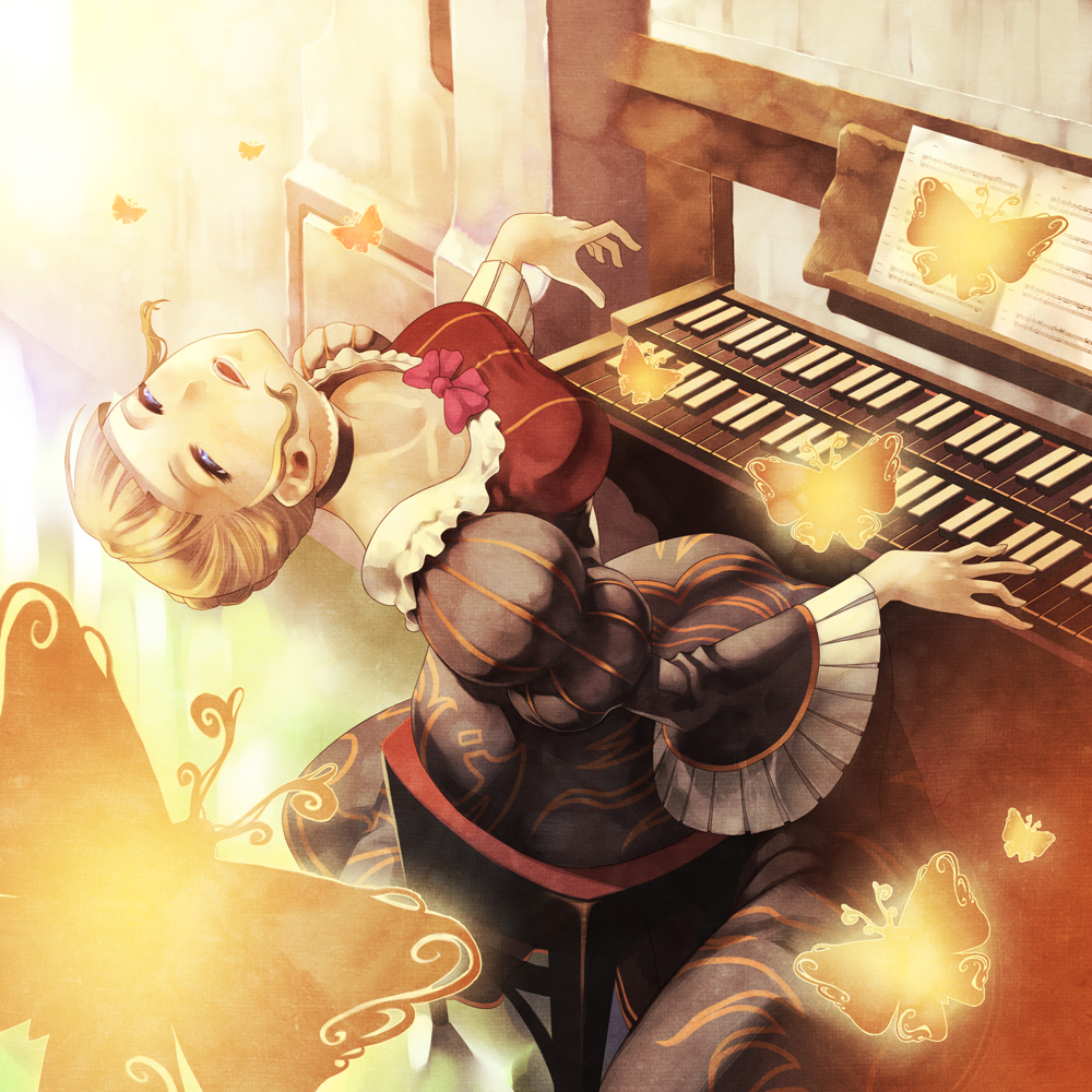 kunieda, beatrice (umineko), umineko no naku koro ni, 00s, 1girl, blonde hair, breasts, bug, butterfly, choker, female focus, insect, instrument, organ (instrument), pipe organ, solo