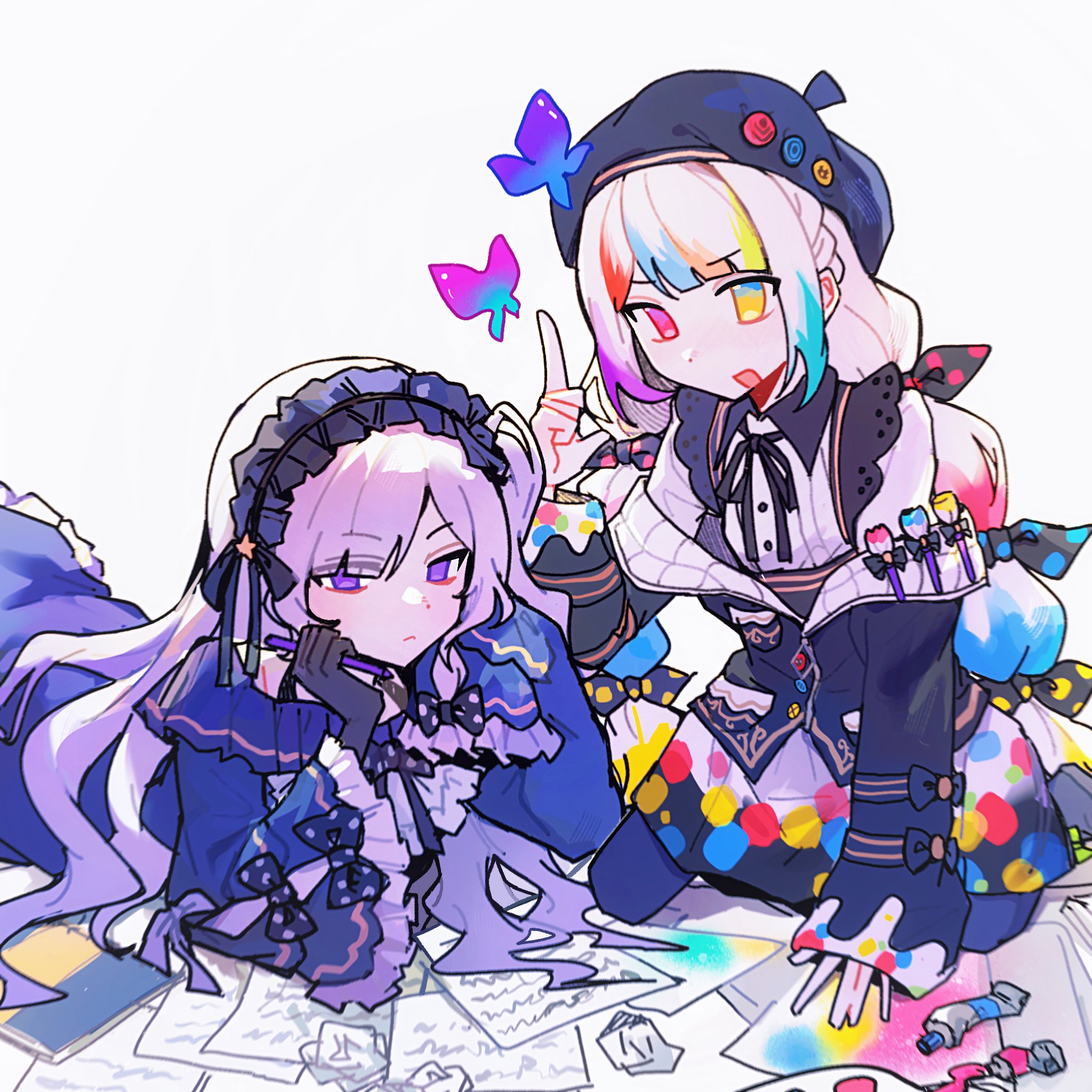 jogasaki noah, natsume an-an, mahou shoujo no majo saiban, highres, 2girls, artist painter, beret, black gloves, black jacket, black ribbon, black skirt, blue dress, bow, bug, butterfly, closed mouth, collared shirt, drawing (object), dress, frilled dress, frills, gloves, gothic lolita, hair over one eye, hairband, hat, heterochromia, index finger raised, insect, jacket, kurosukyu, lolita fashion, lolita hairband, long hair, long sleeves, lying, magical girl, multi-tied hair, multicolored hair, multiple girls, neck ribbon, on stomach, open mouth, paint tube, paper, polka dot, polka dot bow, purple eyes, ribbon, shirt, sitting, skirt, sleeves past fingers, sleeves past wrists, smile, streaked hair, white hair, white shirt, yellow eyes