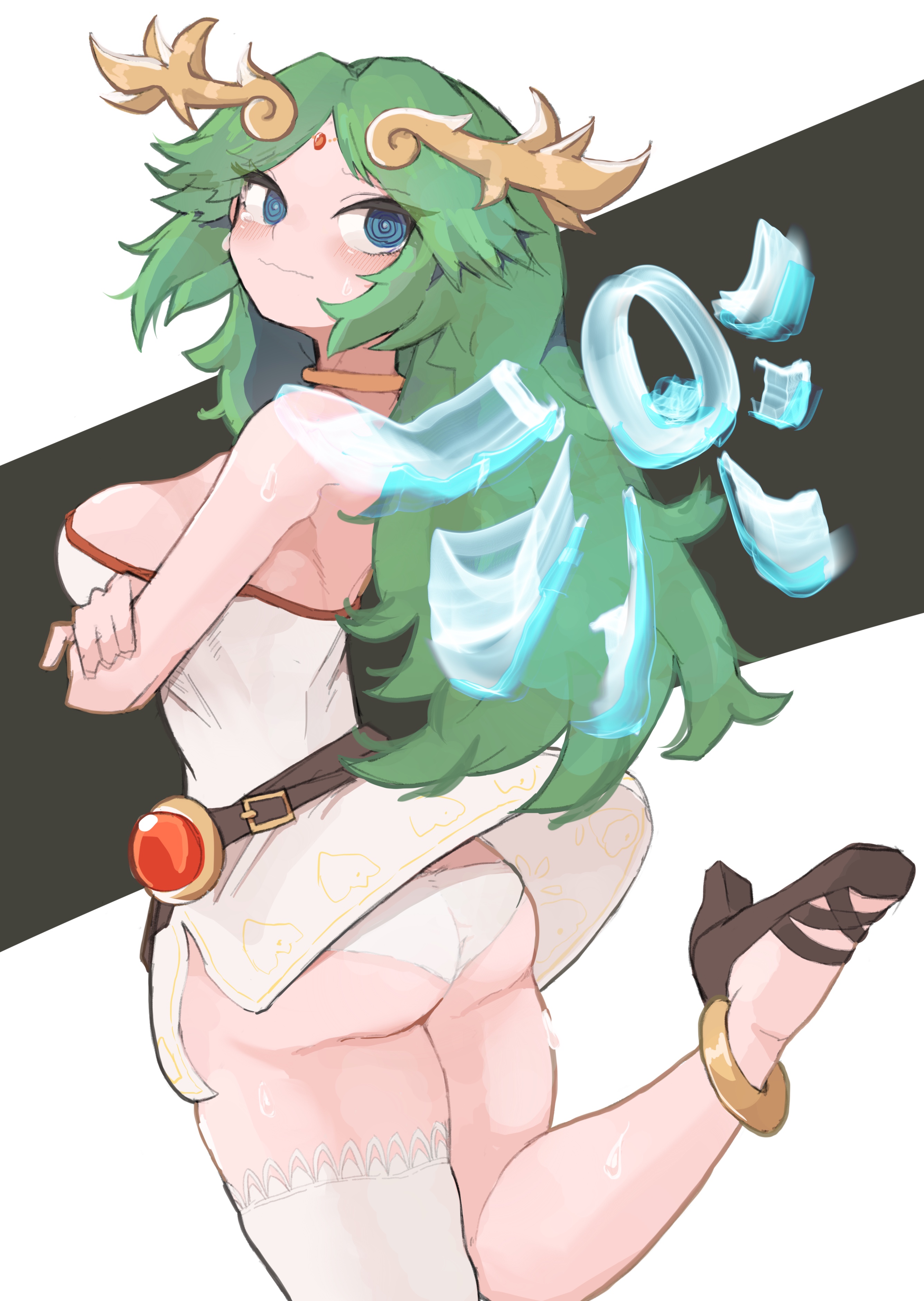 taipe pepe, palutena, kid icarus, nintendo, absurdres, highres, 1girl, @ @, arms under breasts, black shoes, blue eyes, blush, breasts, dress, green hair, high heels, long hair, looking at viewer, medium breasts, panties, shoes, sideboob, solo, underwear, white dress, white panties