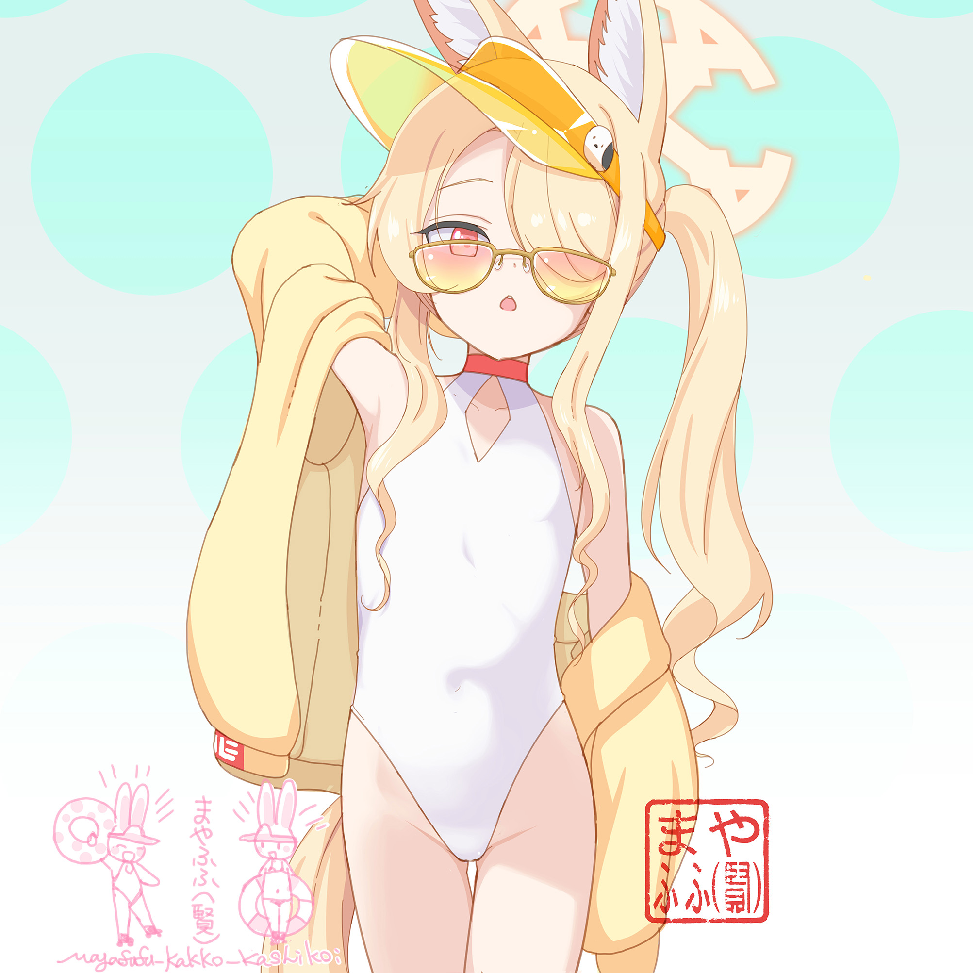 mayafufu, seia (blue archive), seia (swimsuit) (blue archive), blue archive, highres, 1girl, animal ear fluff, animal ears, arm behind head, arm up, armpits, blonde hair, blush, breasts, casual one-piece swimsuit, choker, collarbone, covered navel, cowboy shot, extra ears, flat chest, fox ears, fox girl, fox tail, gluteal fold, gradient background, grey background, groin, hair over one eye, halo, highleg, highleg one-piece swimsuit, jacket, long hair, long sleeves, looking at viewer, off shoulder, official alternate costume, official alternate hairstyle, one-piece swimsuit, open clothes, open jacket, open mouth, parted lips, pink-tinted eyewear, red choker, red eyes, side ponytail, sidelocks, simple background, small breasts, solo, sunglasses, swimsuit, tail, thigh gap, tinted eyewear, twintails, visor cap, white background, white one-piece swimsuit, yellow-tinted eyewear, yellow halo, yellow jacket