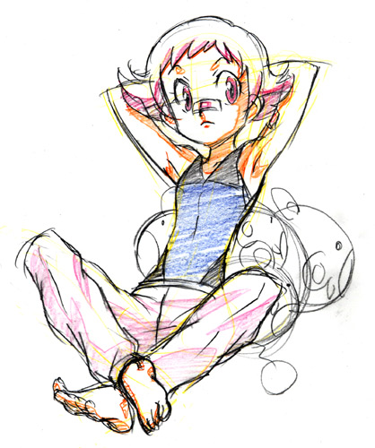 maylene (pokemon), nintendo, pokemon, pokemon dppt, lowres, 00s, 1girl, armpits, bandages, bandaid, barefoot, bodysuit, feet, female focus, flat chest, full body, gloves, gym leader, midriff, pink eyes, pink hair, short hair, simple background, sketch, solo, white background