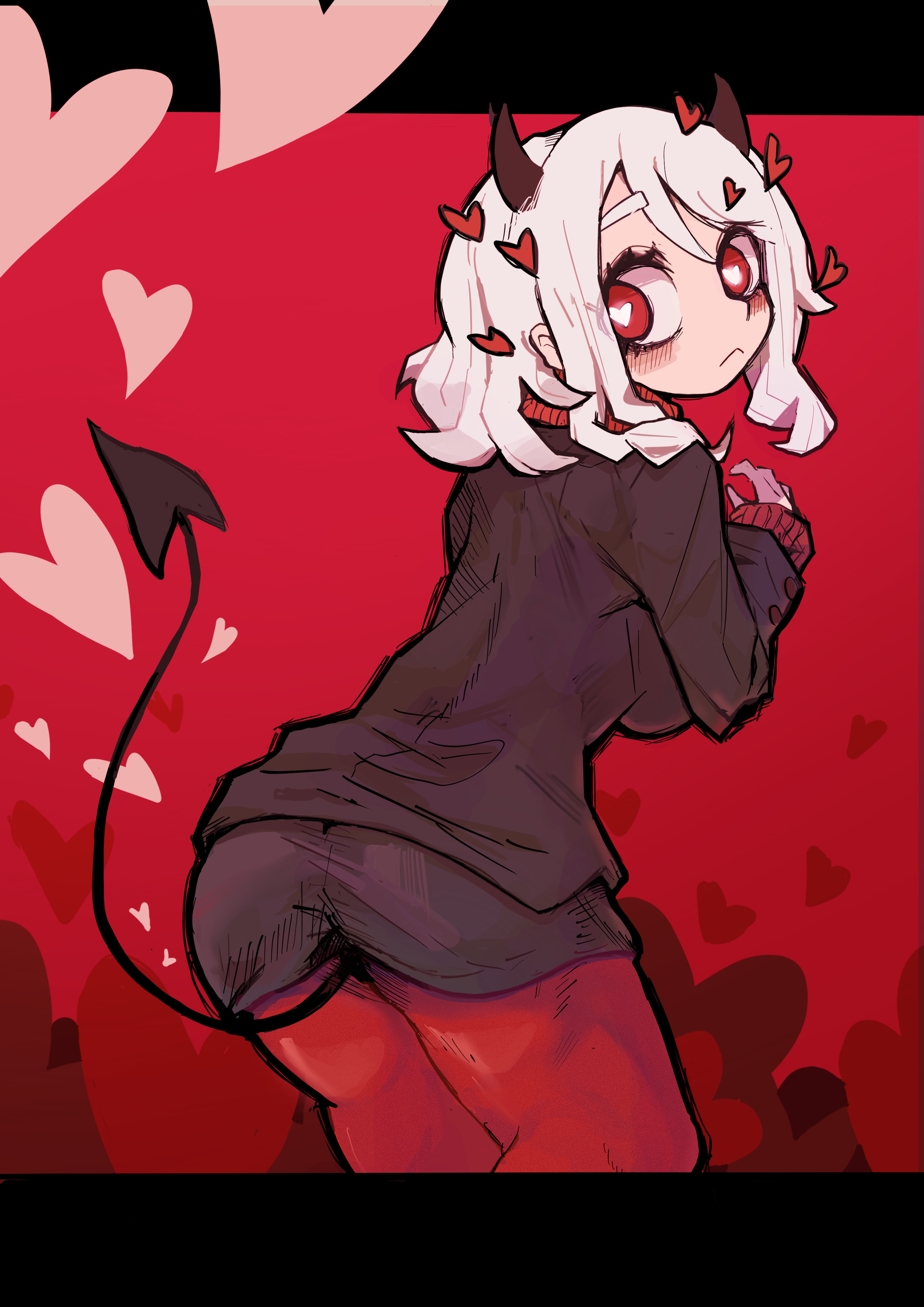 taipe pepe, modeus (helltaker), helltaker, absurdres, highres, 1girl, black skirt, black suit, blush, closed mouth, demon girl, demon horns, demon tail, formal clothes, grey hair, heart, heart-shaped pupils, horns, looking at viewer, medium hair, pantyhose, red background, red eyes, red pantyhose, sidelocks, skirt, solo, suit, symbol-shaped pupils, tail