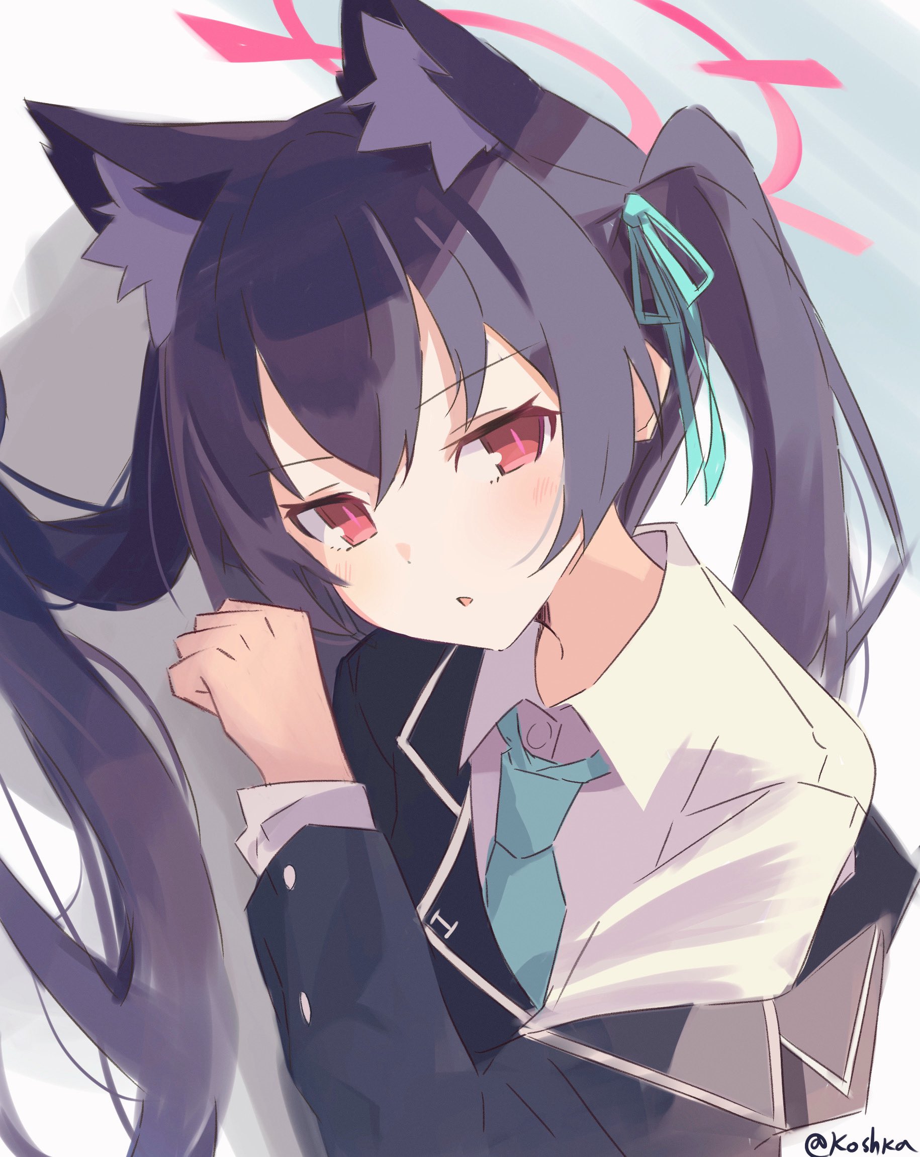 koshka pic, serika (blue archive), blue archive, highres, 1girl, animal ear fluff, animal ears, aqua necktie, aqua ribbon, black hair, black jacket, blazer, blue necktie, blush, cat ears, collared shirt, hair between eyes, hair ribbon, halo, jacket, long hair, long sleeves, looking at viewer, lying, necktie, off shoulder, on side, parted lips, red eyes, ribbon, school uniform, shirt, solo, twintails, twitter username, upper body, white shirt