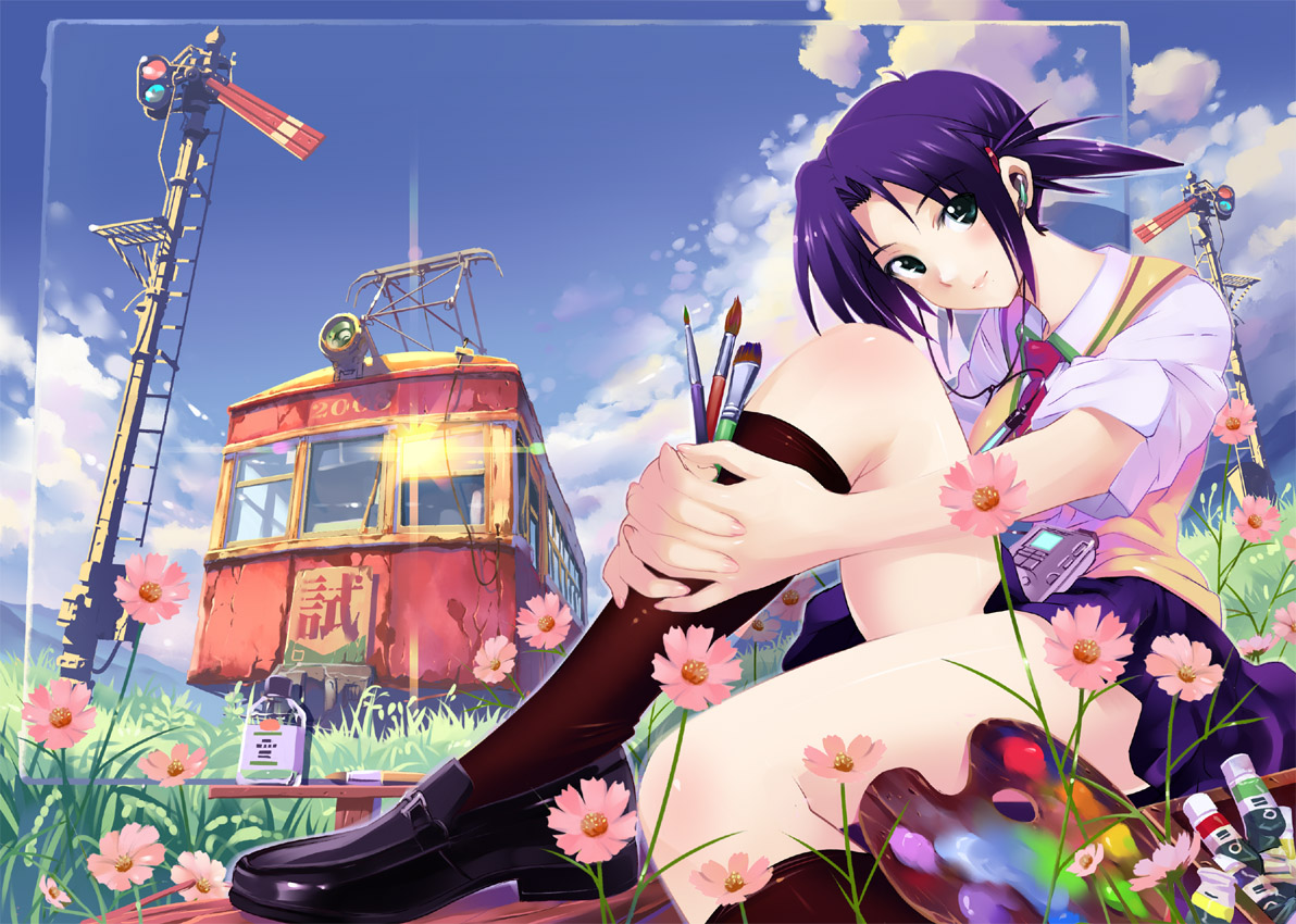 vania600, bad id, bad pixiv id, 1girl, art brush, black shoes, cloud, earbuds, earphones, female focus, flower, green eyes, head tilt, headphones, kneehighs, multiple unit train, outdoors, paint, paint palette, paintbrush, painting (action), plant, purple hair, school uniform, shoes, short hair, sitting, skirt, sky, socks, solo, train