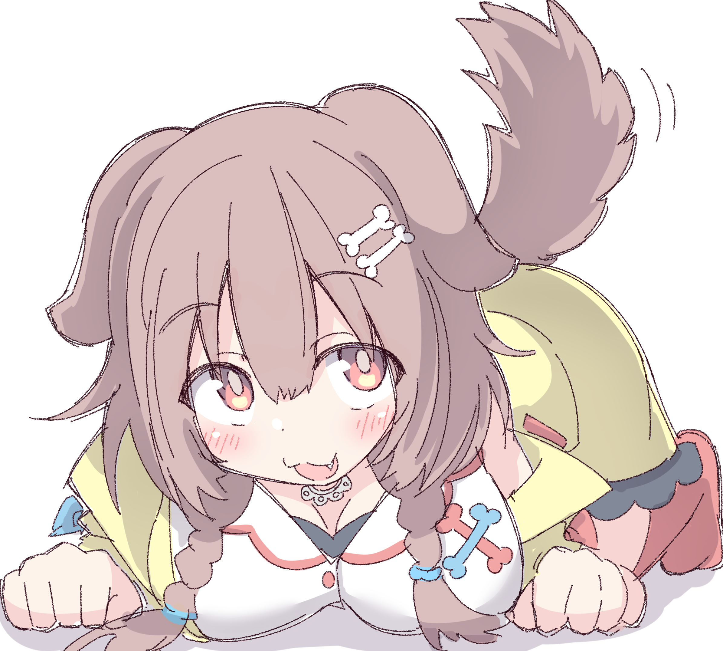 umberblack, inugami korone, inugami korone (1st costume), hololive, commentary request, highres, 1girl, :d, animal ears, blush, bone hair ornament, braid, breasts, brown hair, cartoon bone, cleavage, dog ears, dog girl, dog tail, dress, fang, full body, hair between eyes, hair ornament, hair over shoulder, jacket, looking at viewer, low twintails, medium breasts, motion lines, no shoes, off shoulder, open mouth, red eyes, red socks, shadow, simple background, smile, socks, solo, tail, twin braids, twintails, virtual youtuber, white background, white dress, yellow jacket