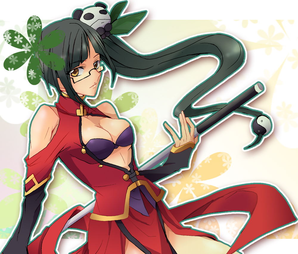 inaho178, lao jiu, litchi faye ling, arc system works, blazblue, blazblue: calamity trigger, bad id, bad pixiv id, 1girl, black hair, china dress, chinese clothes, dress, female focus, glasses, long hair, solo, staff