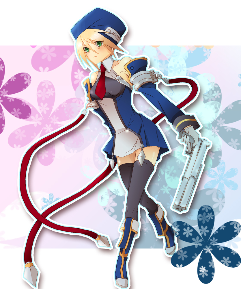 inaho178, noel vermillion, arc system works, blazblue, bad id, bad pixiv id, 1girl, beret, blonde hair, blue boots, boots, female focus, gloves, gun, hat, necktie, solo, thighhighs, weapon, zettai ryouiki