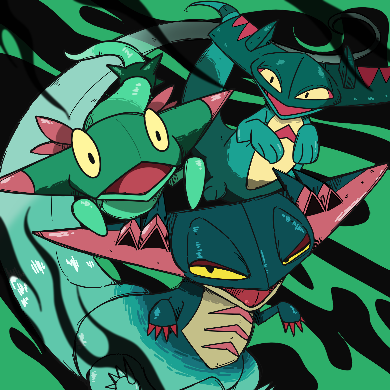 dragapult, drakloak, dreepy, nintendo, pokemon, highres, :d, black background, colored sclera, evolutionary line, gen 8 pokemon, green background, michikusa mawari, no humans, open mouth, pokemon (creature), smile, yellow sclera