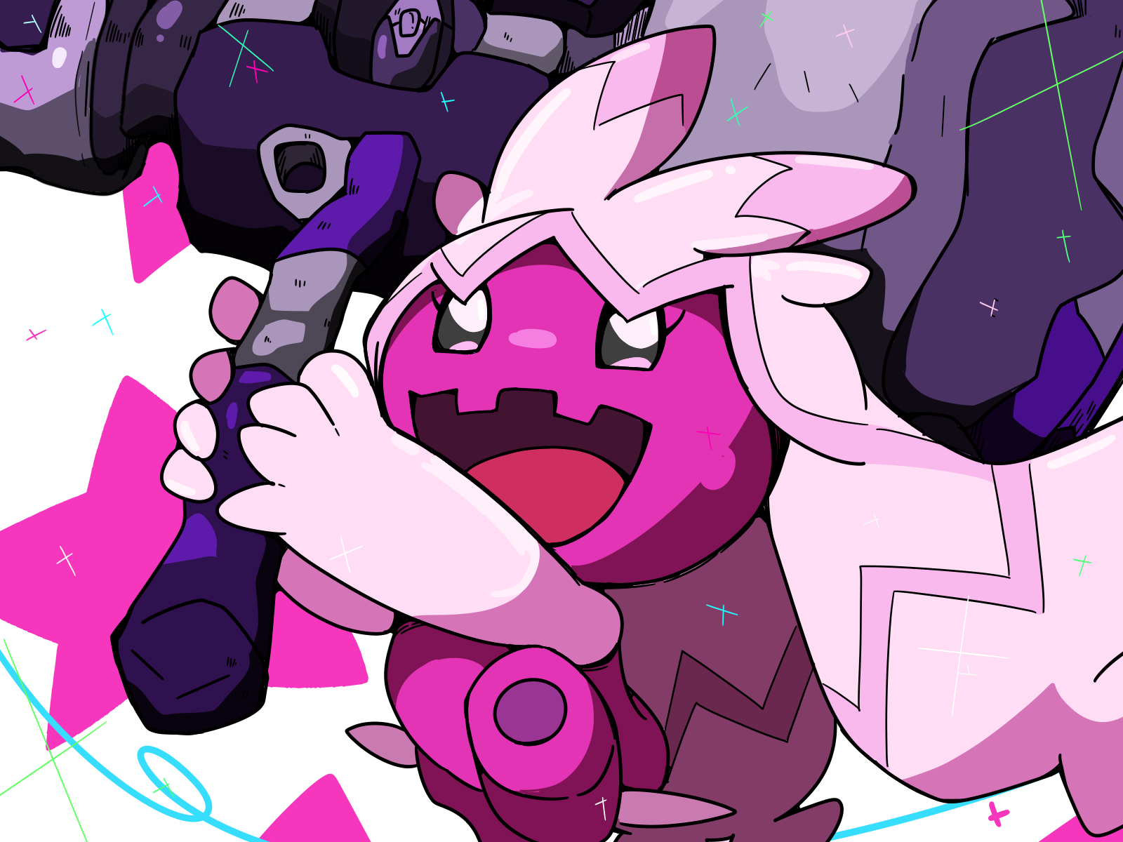 tinkaton, nintendo, pokemon, highres, :d, black eyes, hammer, holding, holding hammer, michikusa mawari, no humans, open mouth, pokemon (creature), smile, solo, standing, star (symbol)