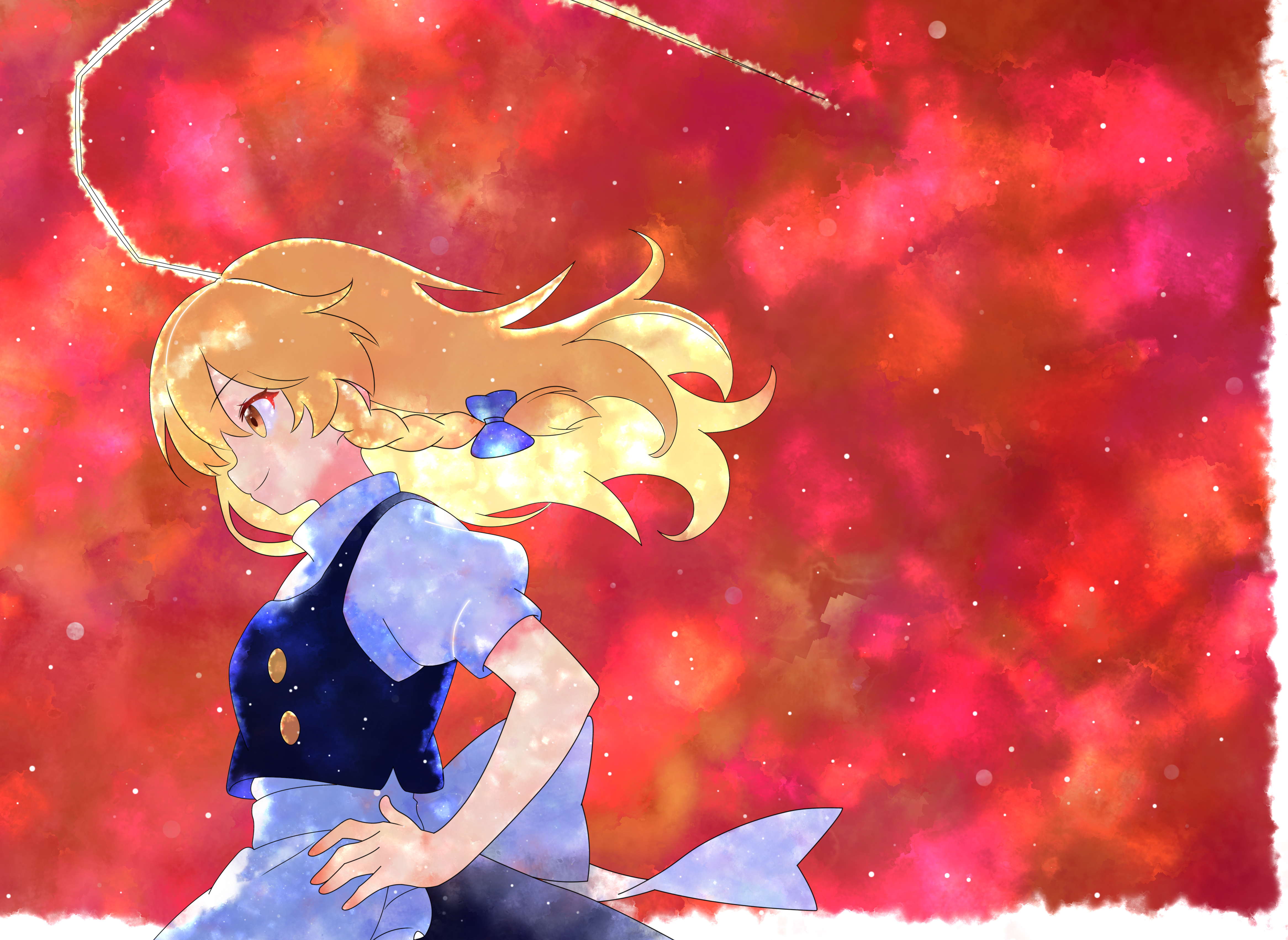 qing zhanglao, kirisame marisa, touhou, absurdres, highres, 1girl, apron, black skirt, black vest, blonde hair, cowboy shot, frilled apron, frills, from side, hand on own hip, no headwear, red sky, shirt, short sleeves, skirt, sky, solo, star (sky), starry sky, vest, white apron, white shirt, yellow eyes