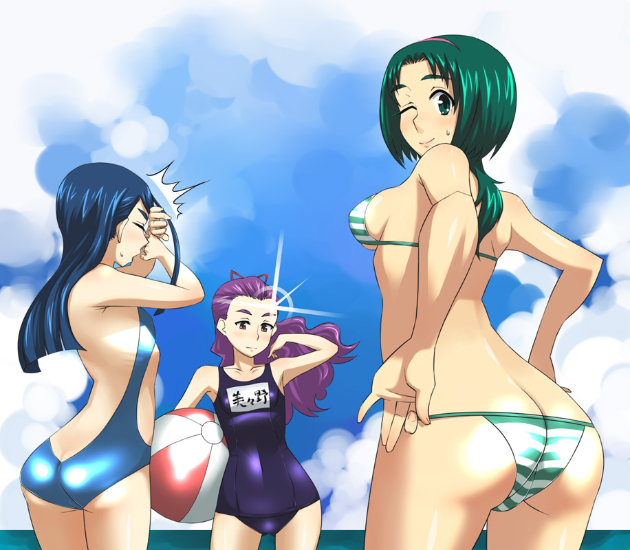 enoshima iki, akimoto komachi, milk (yes! precure 5), mimino kurumi, minazuki karen, precure, yes! precure 5, yes! precure 5 gogo!, 00s, 3girls, ass, back, ball, beach, beachball, bikini, blinded, blue hair, butt crack, cloud, covering face, covering own eyes, covering privates, day, flat chest, forehead, green hair, lens flare, long hair, looking back, multiple girls, ocean, one-piece swimsuit, one eye closed, outdoors, purple hair, school swimsuit, school uniform, sky, striped bikini, striped clothes, swimsuit, wink