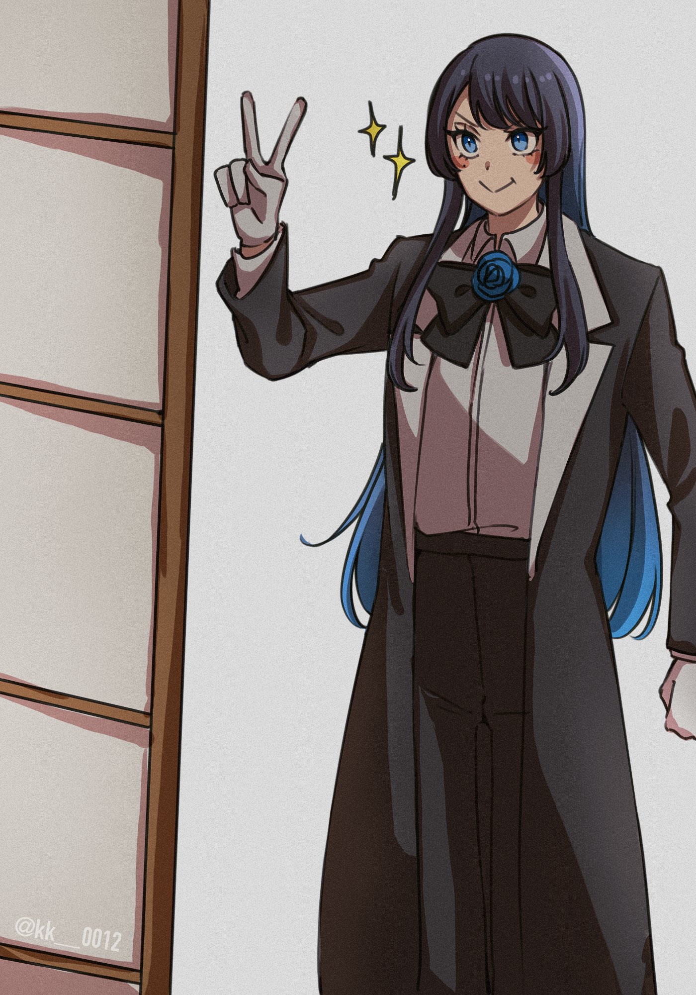 keeko (kk 0012), chando (ado), ado (utaite), commentary, highres, photo-referenced, symbol-only commentary, 1girl, black bow, black bowtie, black coat, black hair, black pants, blue eyes, blue flower, blue hair, blue rose, bow, bowtie, closed mouth, coat, collared shirt, dress shirt, flower, gloves, gradient hair, long hair, mole, mole under eye, multicolored hair, pants, rose, shirt, solo, sparkle, utaite, v, white gloves, white shirt