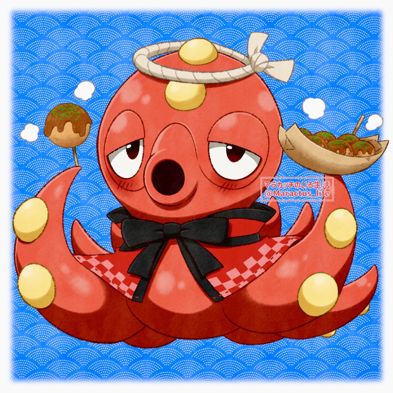 hachimituzuke, octillery, nintendo, pokemon, highres, artist name, black bow, black eyes, blue background, bow, food, full body, gen 2 pokemon, looking at viewer, no humans, pokemon (creature), seigaiha, takoyaki