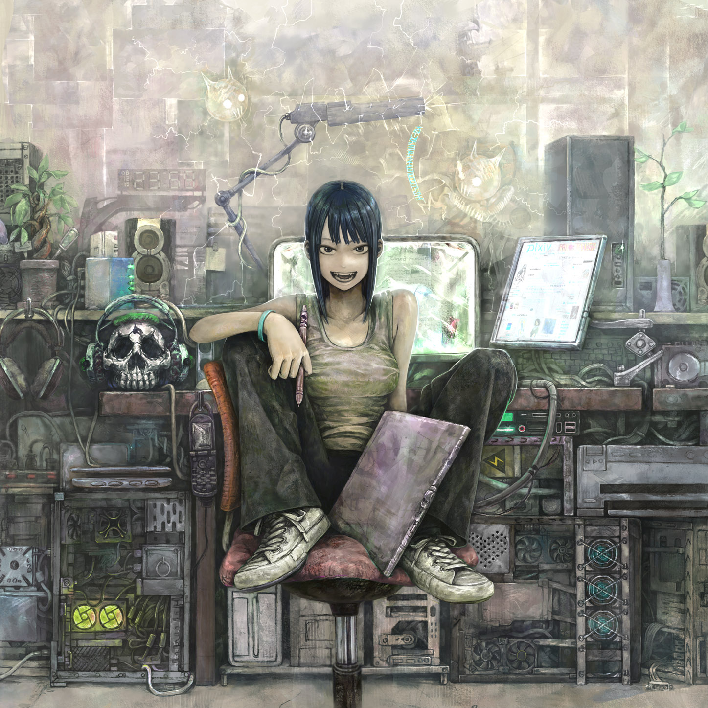 yanmar, oekaki musume, original, bad id, bad pixiv id, highres, 1girl, black hair, breasts, brown eyes, cat, cellphone, chair, clock, computer, computer keyboard, electricity, fangs, female focus, grey eyes, headphones, headset, lamp, laptop, large breasts, legs up, open mouth, otaku room, pen, phone, plant, printer, radio, realistic, rubber band, shoes, short hair, sitting, sitting sideways, skull, smile, sneakers, solo, surreal, tank top, teeth, tongue